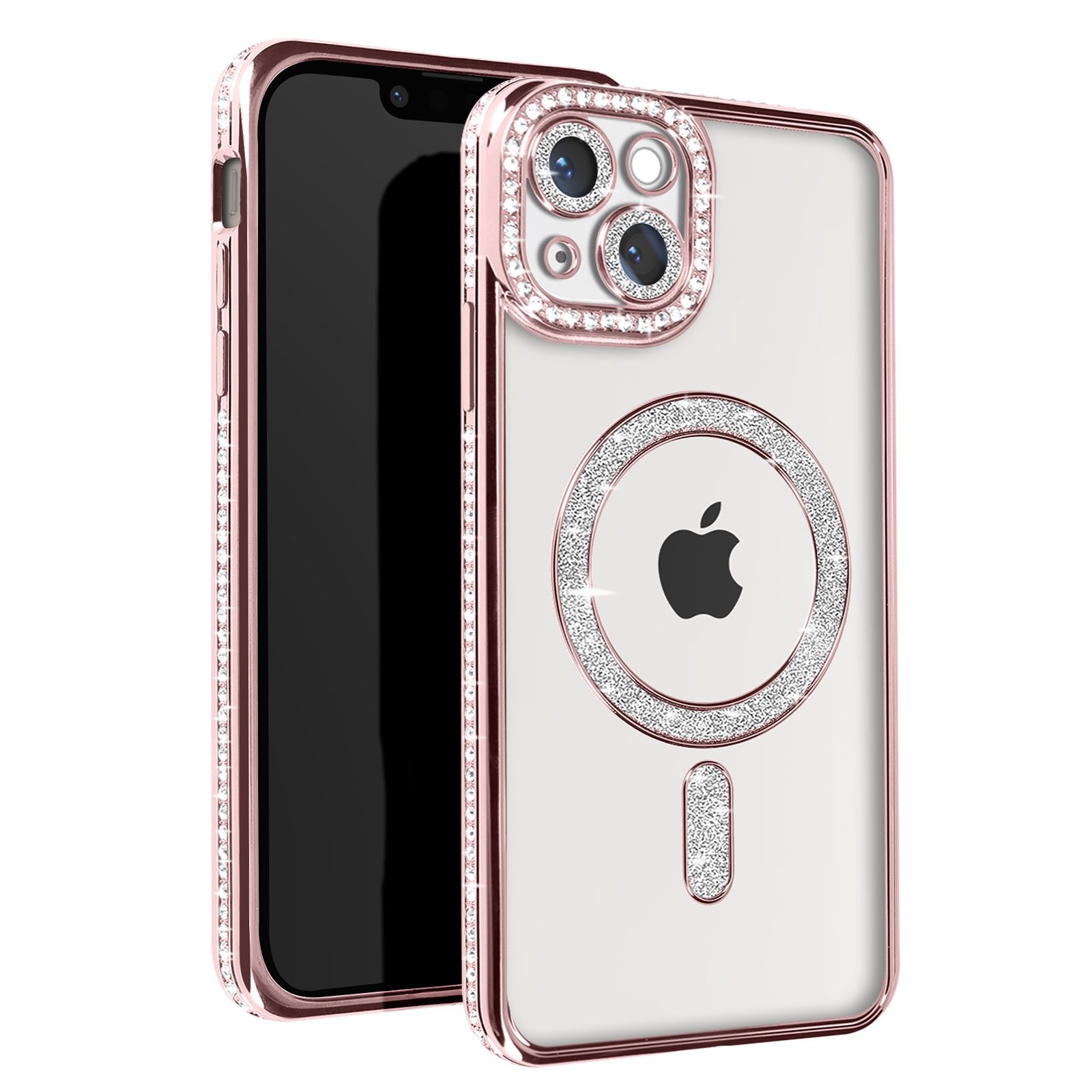 Custodia con diamanti attorno alla fotocamera e retro del telefono.