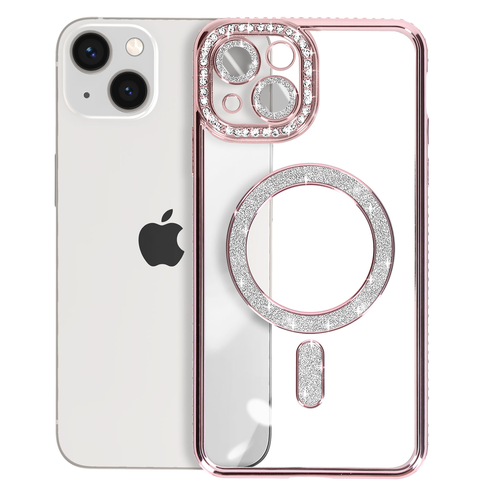 Un telefono con custodia rosa e strass e retro bianco. È su una superficie bianca.