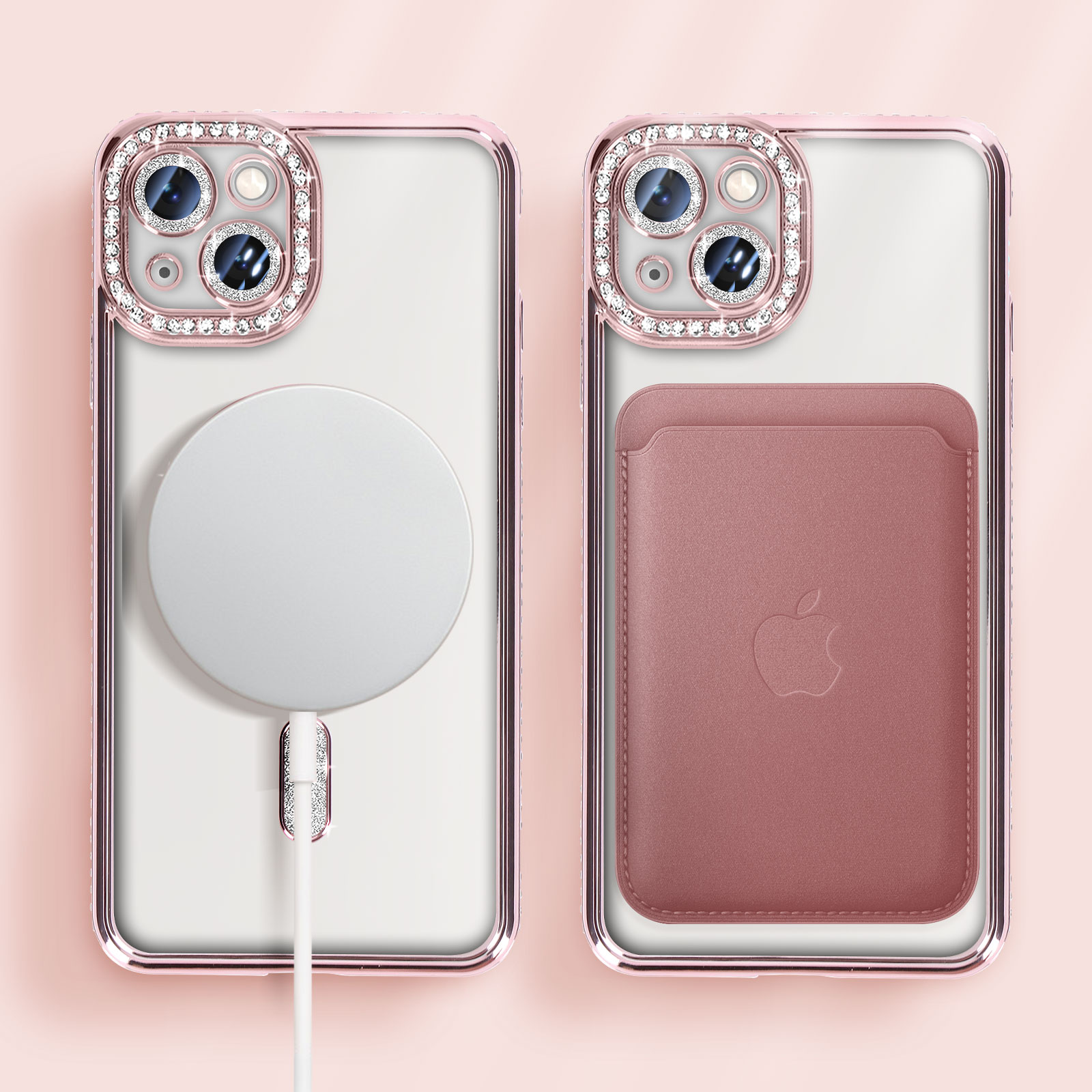 Due telefoni, uno con custodia e strass e un portafoglio. L'altro ha un magnete.