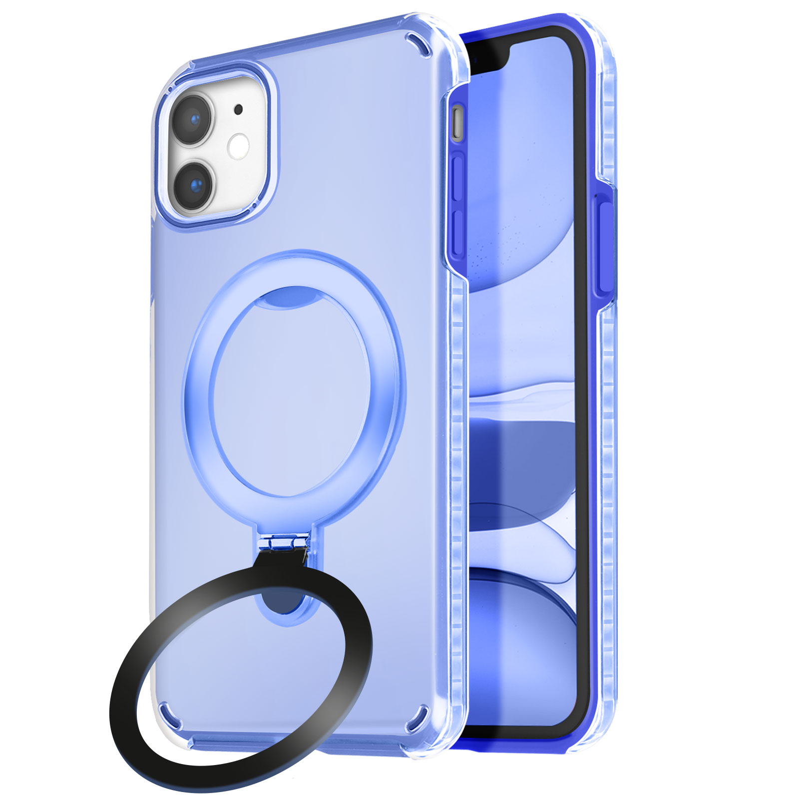 Custodia blu con anello e telefono all'interno. L'anello è nero.