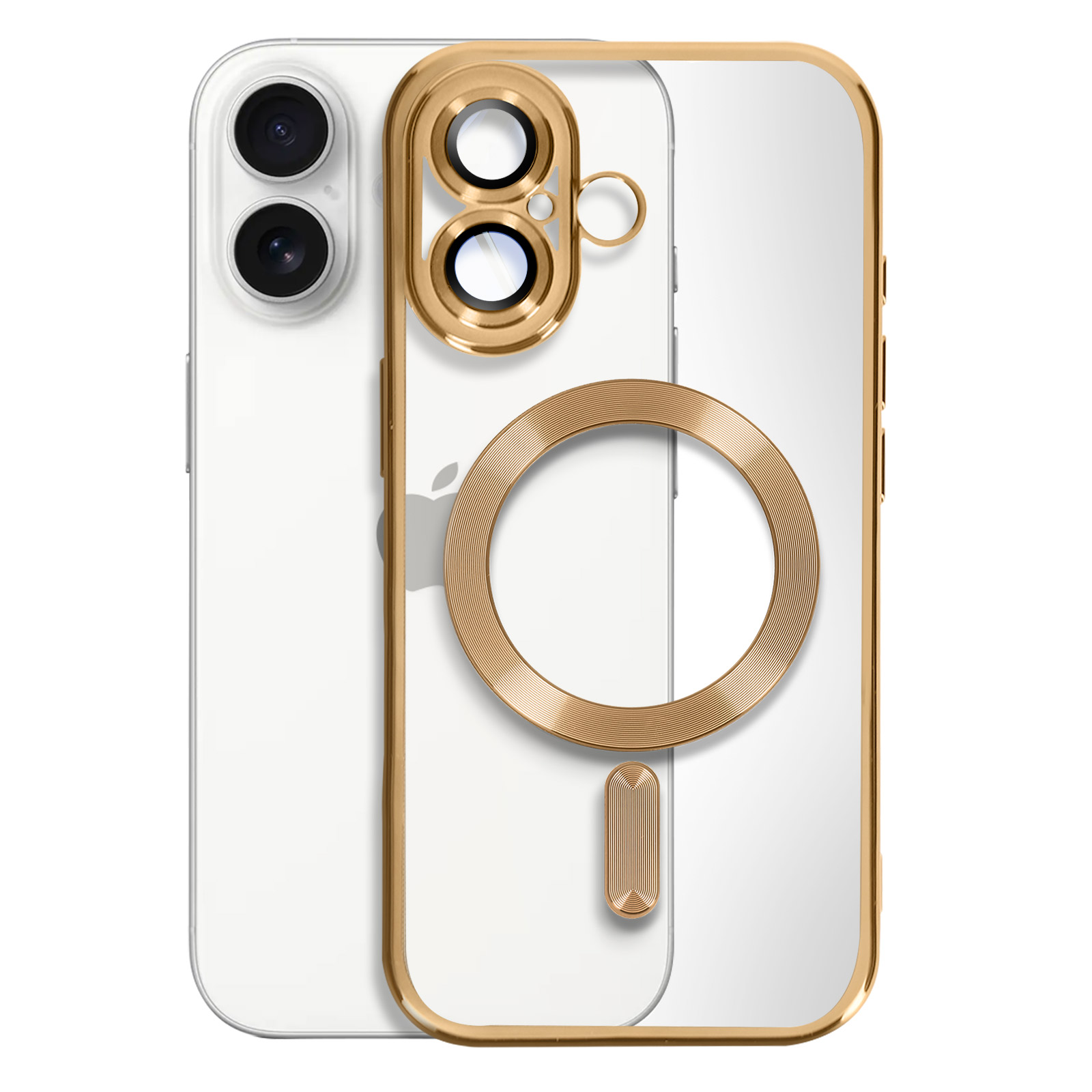Un telefono con custodia dorata e retro bianco. La custodia ha un anello magnetico.