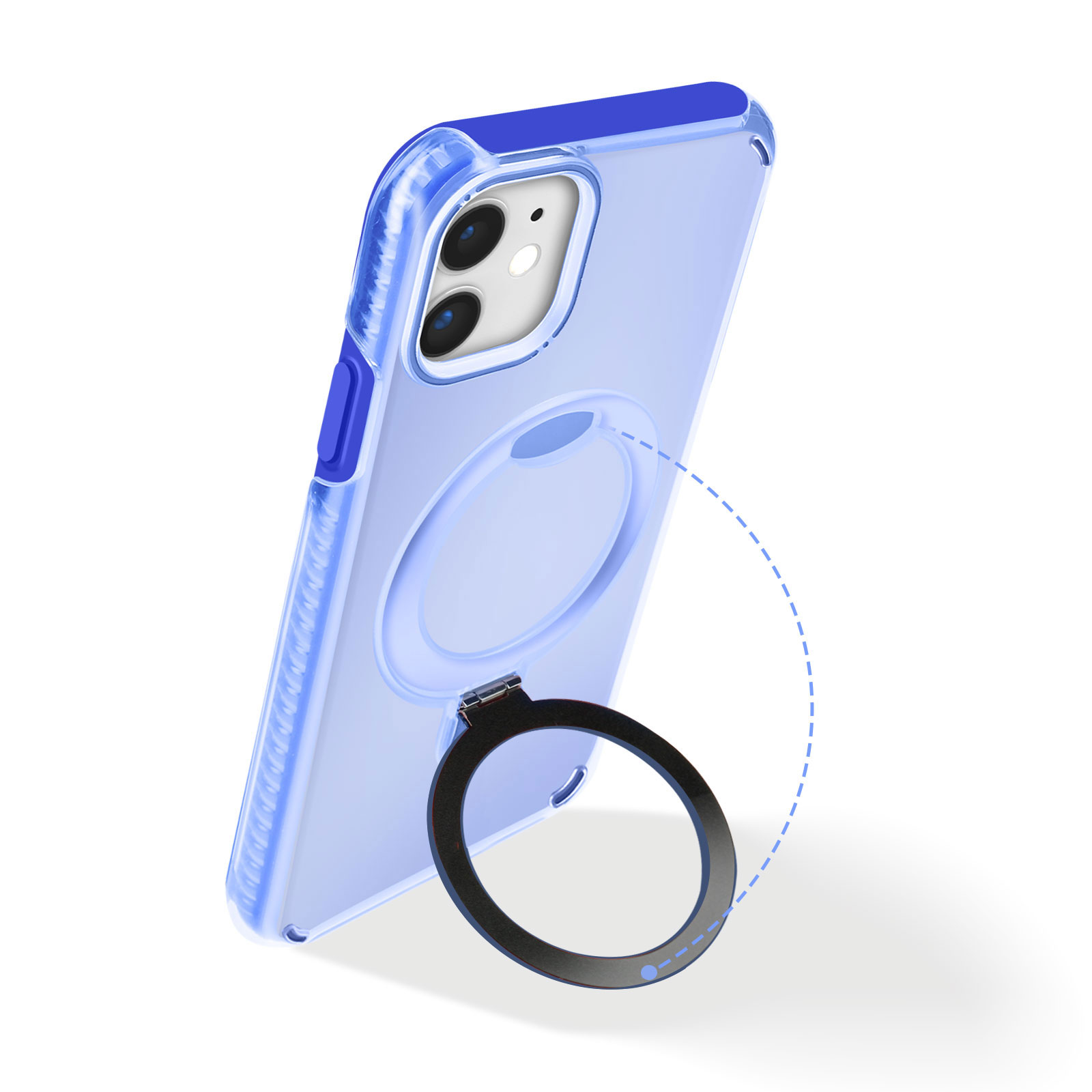 Custodia blu con anello, su superficie bianca. Il telefono è visibile.