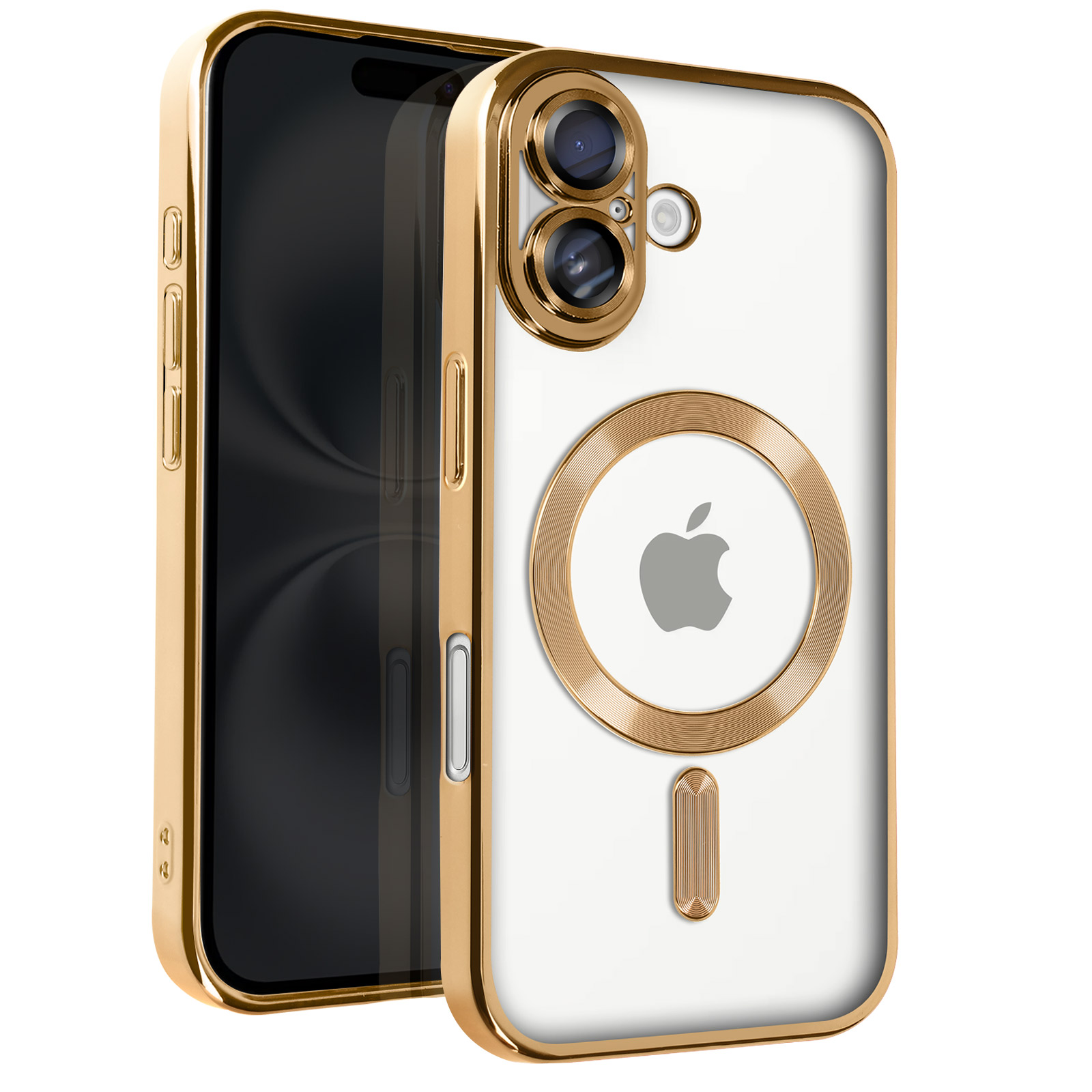 Custodia con cornice dorata con logo Apple, con telefono dietro. Con anello MagSafe.