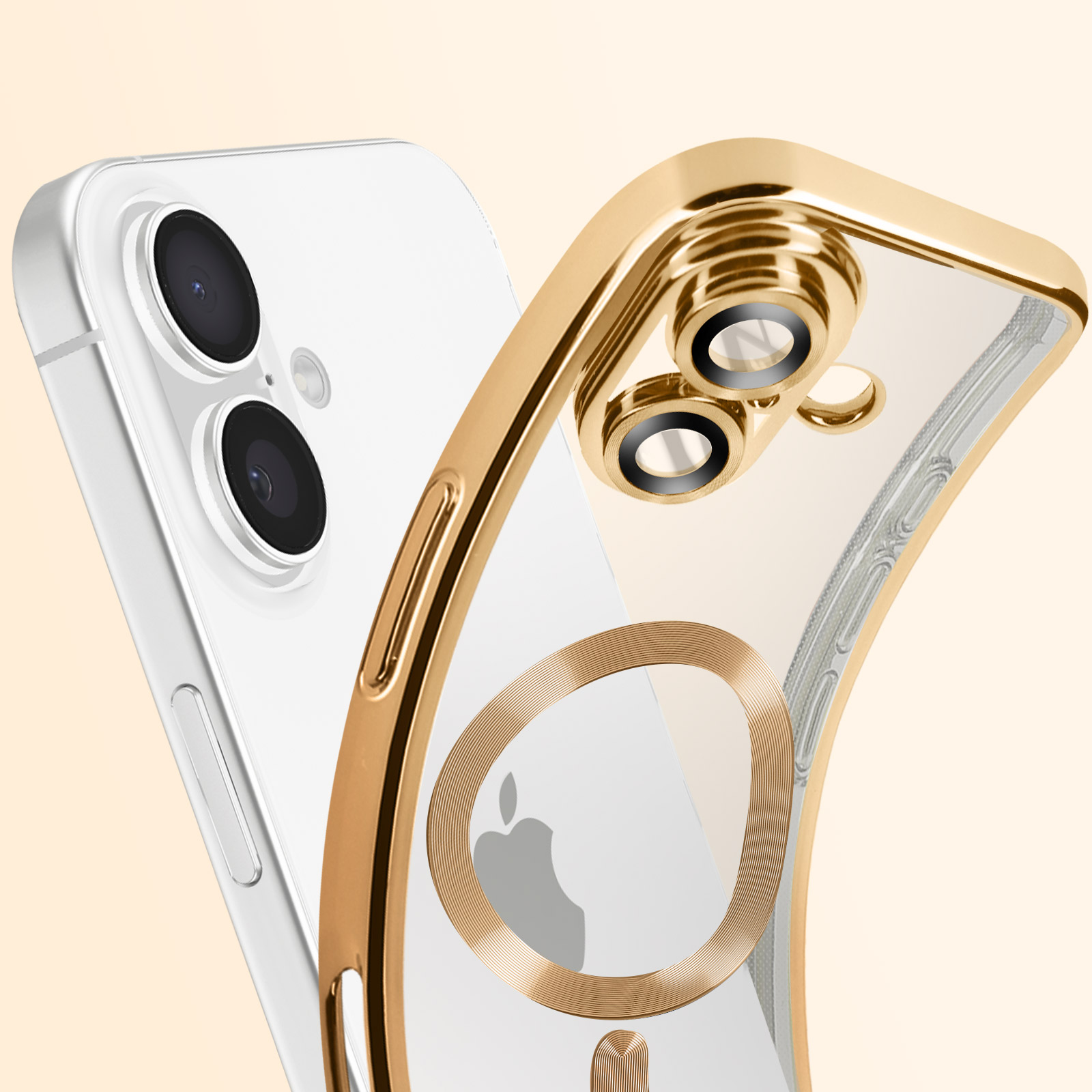 Custodia con cornice dorata, con telefono bianco dietro. Con anello MagSafe.