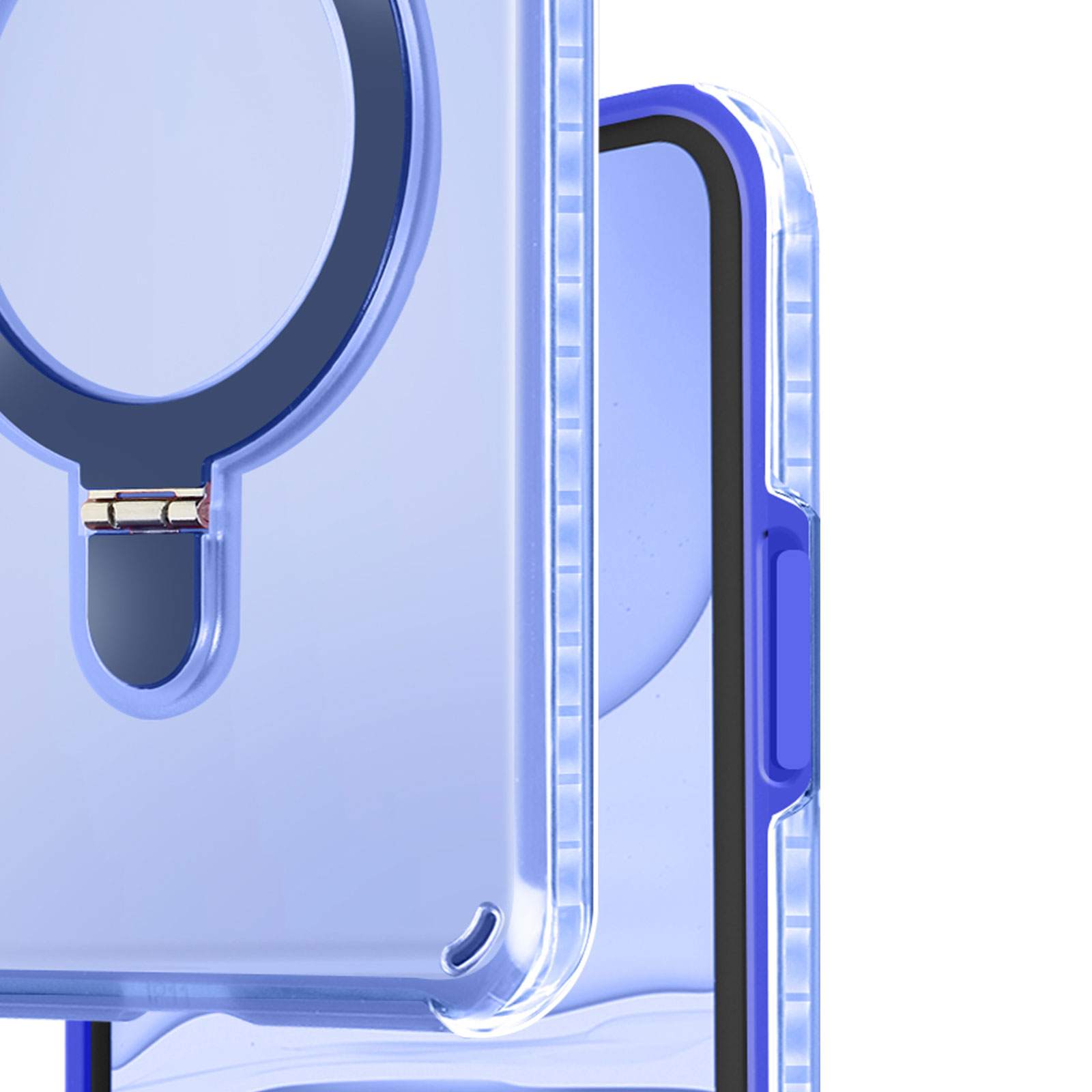 Primo piano di una custodia blu con supporto ad anello e il lato di un telefono con pulsanti.
