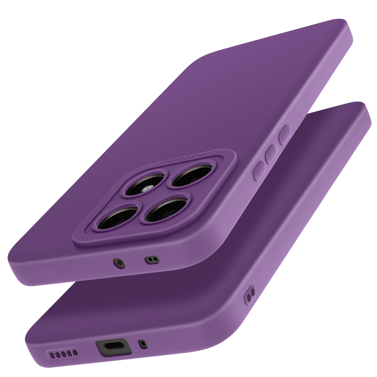 Custodia viola con quattro fori per la fotocamera. La custodia è su una superficie bianca.