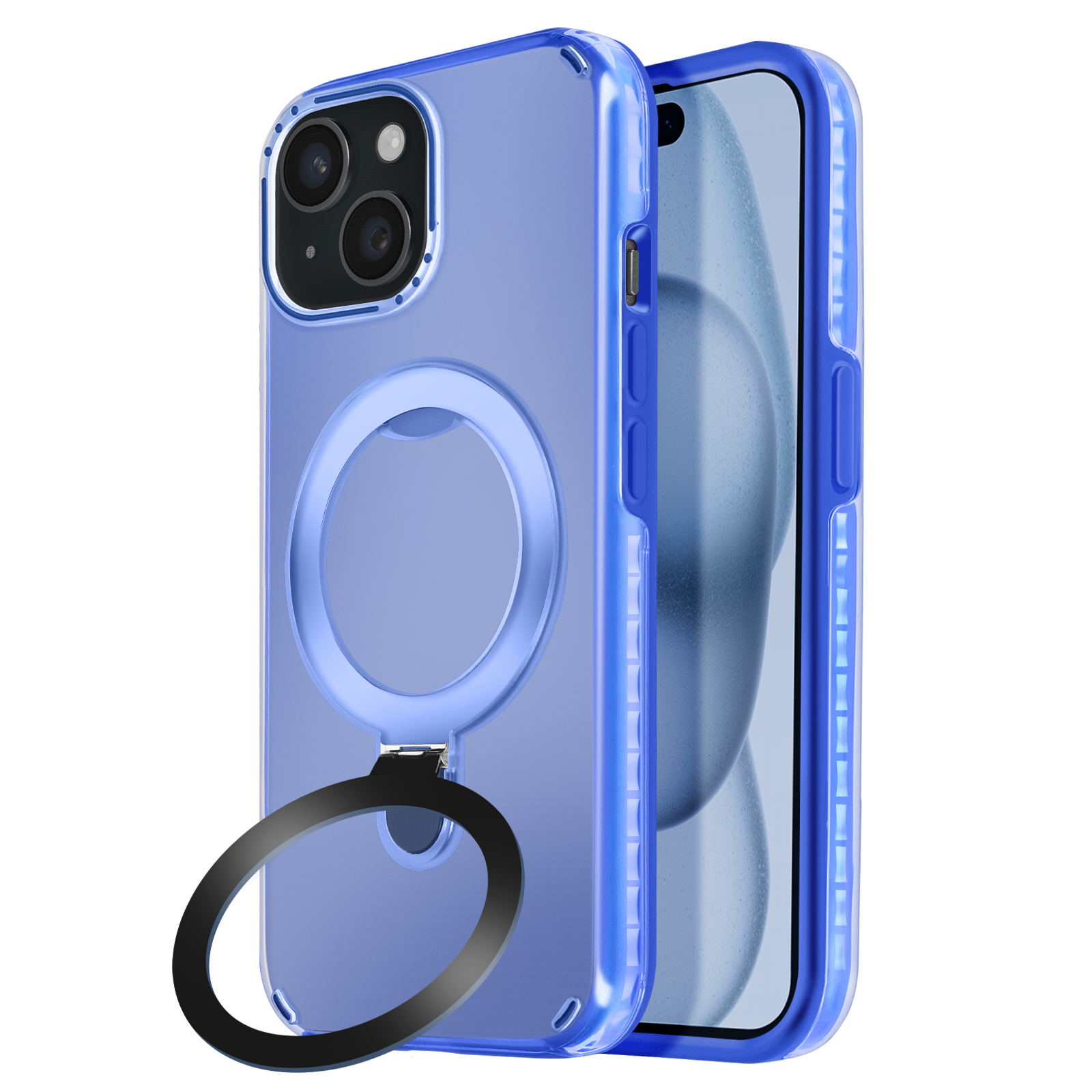 Custodia blu con supporto ad anello, che circonda un telefono con schermo blu.