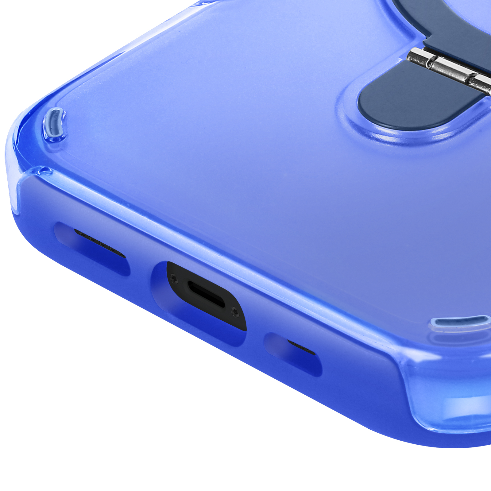 Primo piano di una custodia blu per telefono con ritagli per le porte di ricarica.