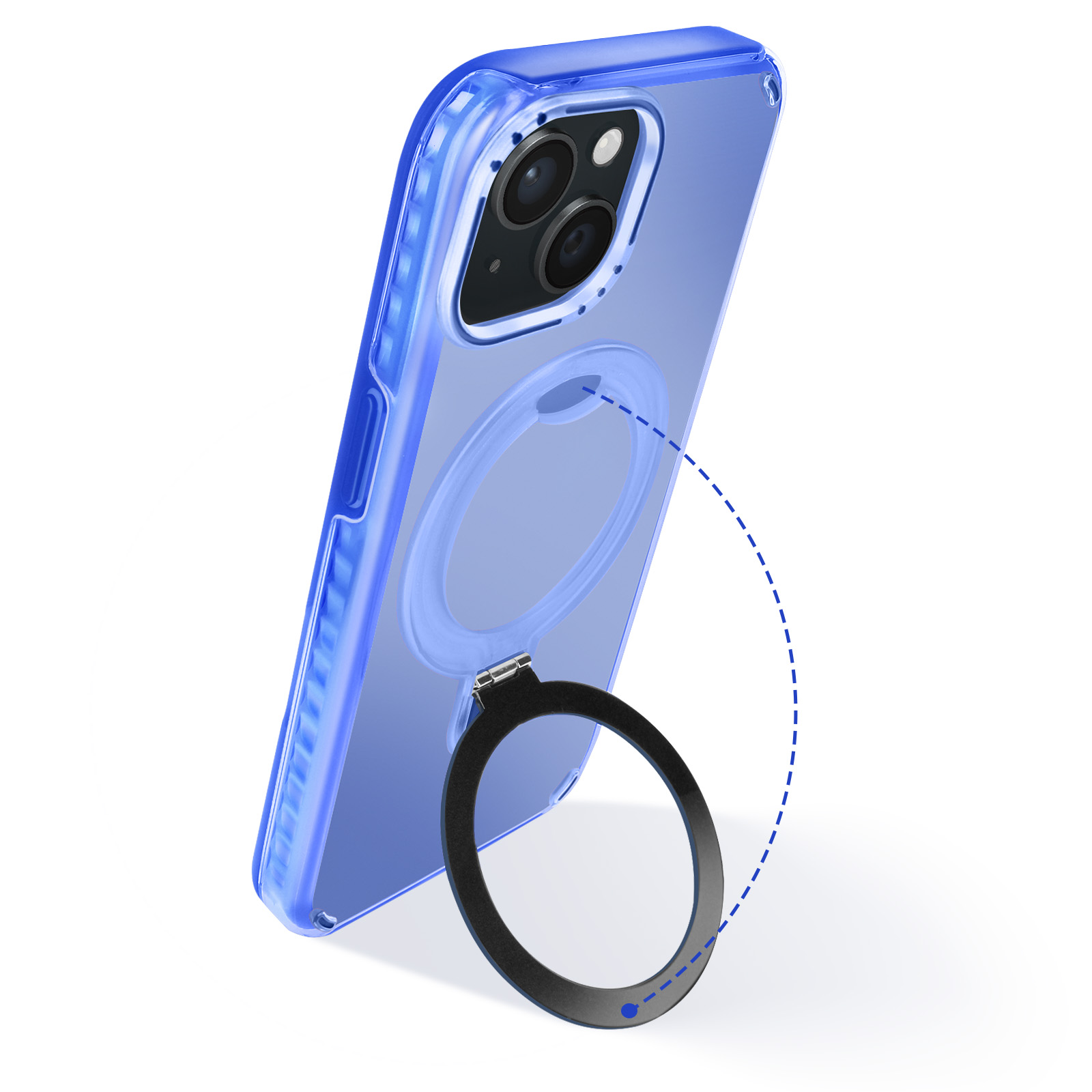 Una custodia blu per telefono con supporto ad anello, angolata con un telefono.