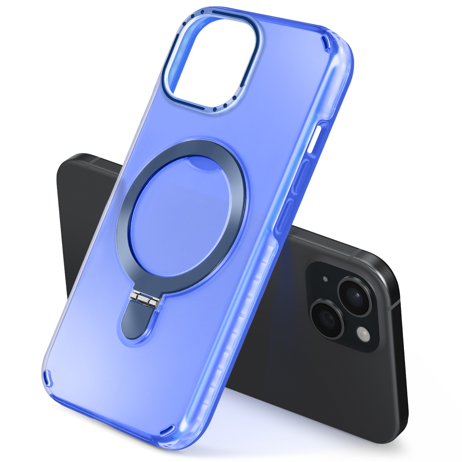 Una custodia blu per telefono con supporto ad anello, appoggiata a un telefono nero.