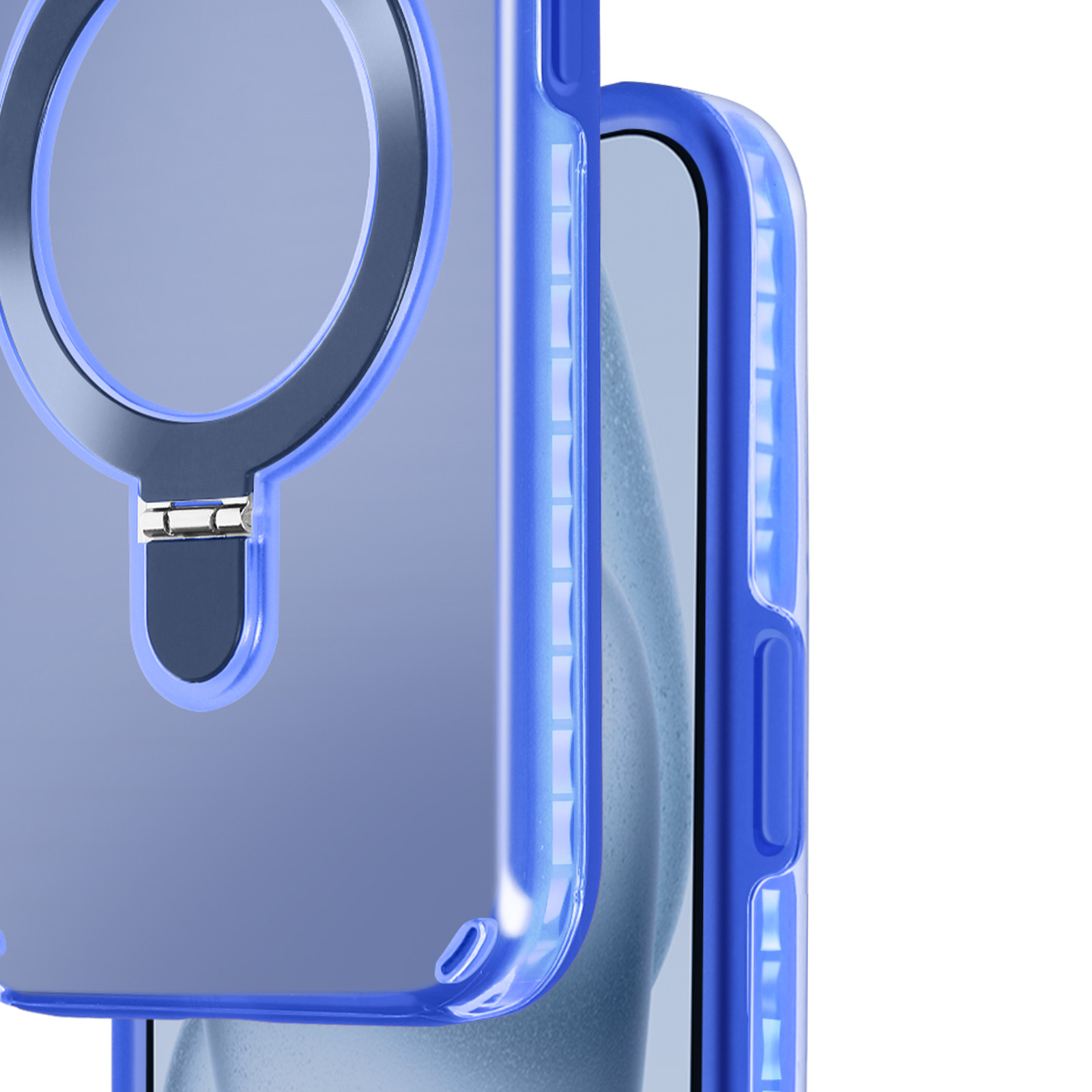 Primo piano di una custodia blu per telefono con supporto ad anello e un telefono.