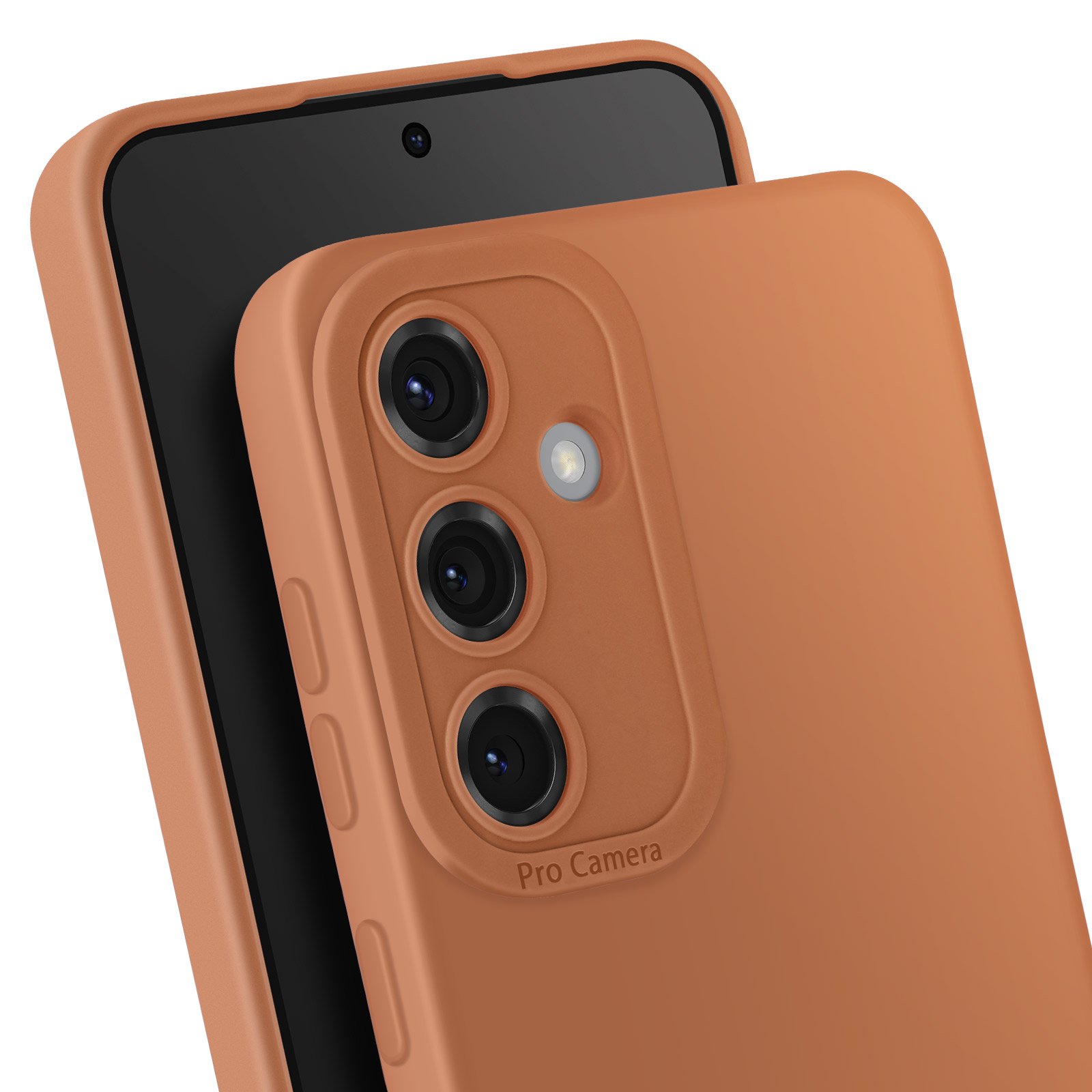 Primo piano di una custodia marrone per telefono con ritagli per la fotocamera.