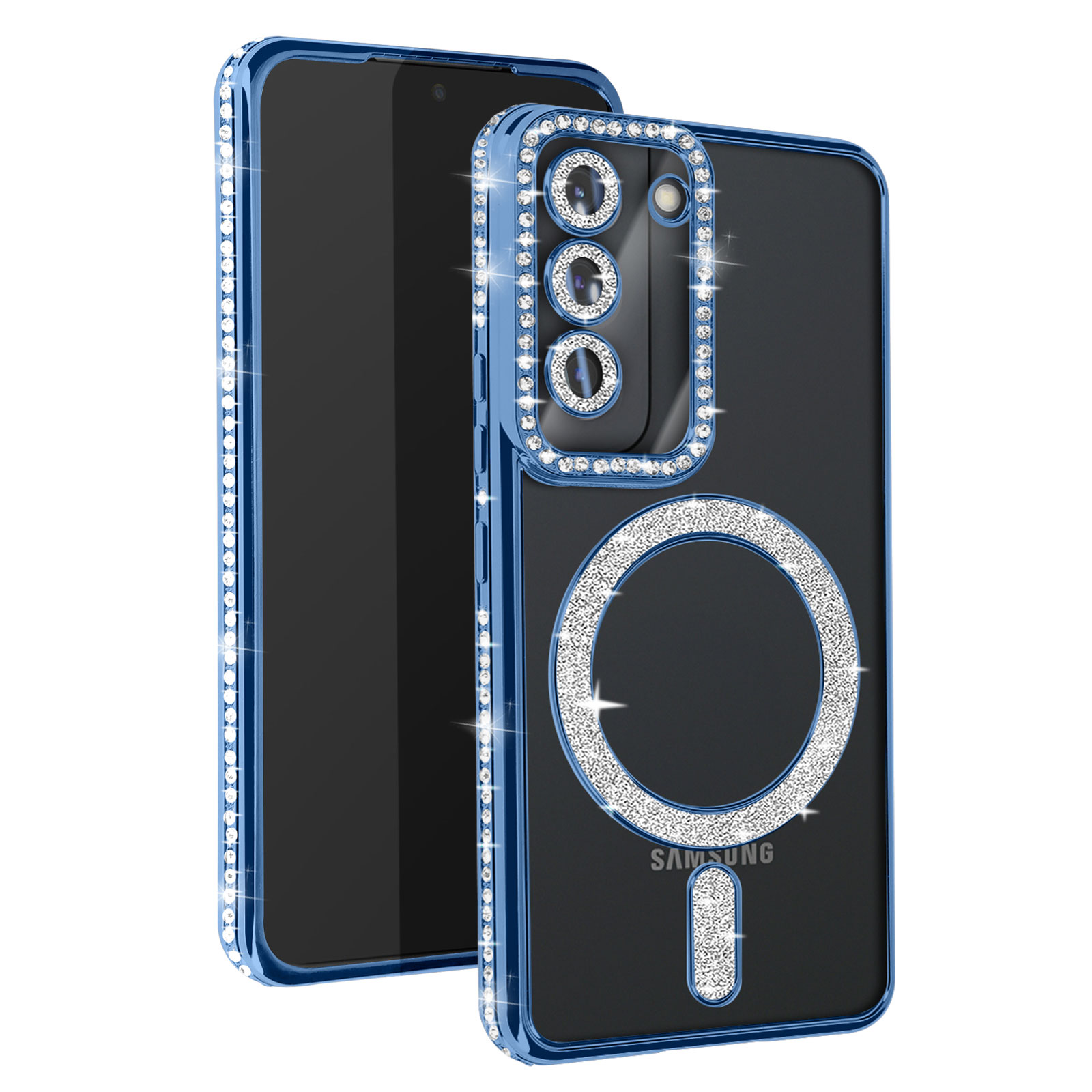 Una custodia per telefono con strass e supporto ad anello, con un telefono dietro.
