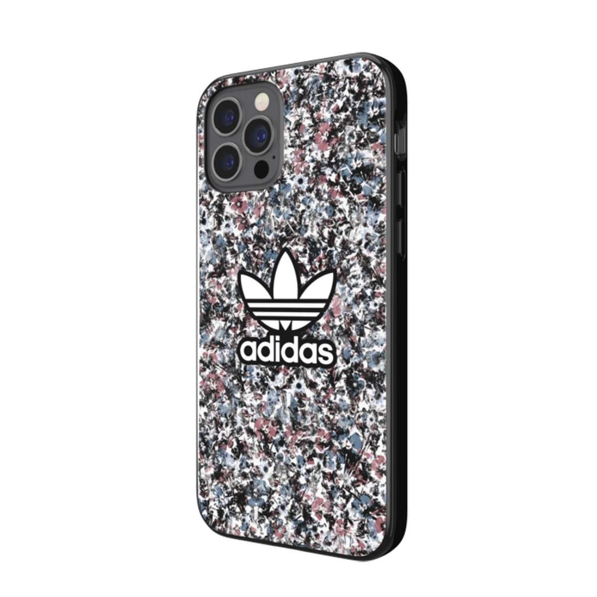 Una custodia per telefono con motivo floreale e logo Adidas.