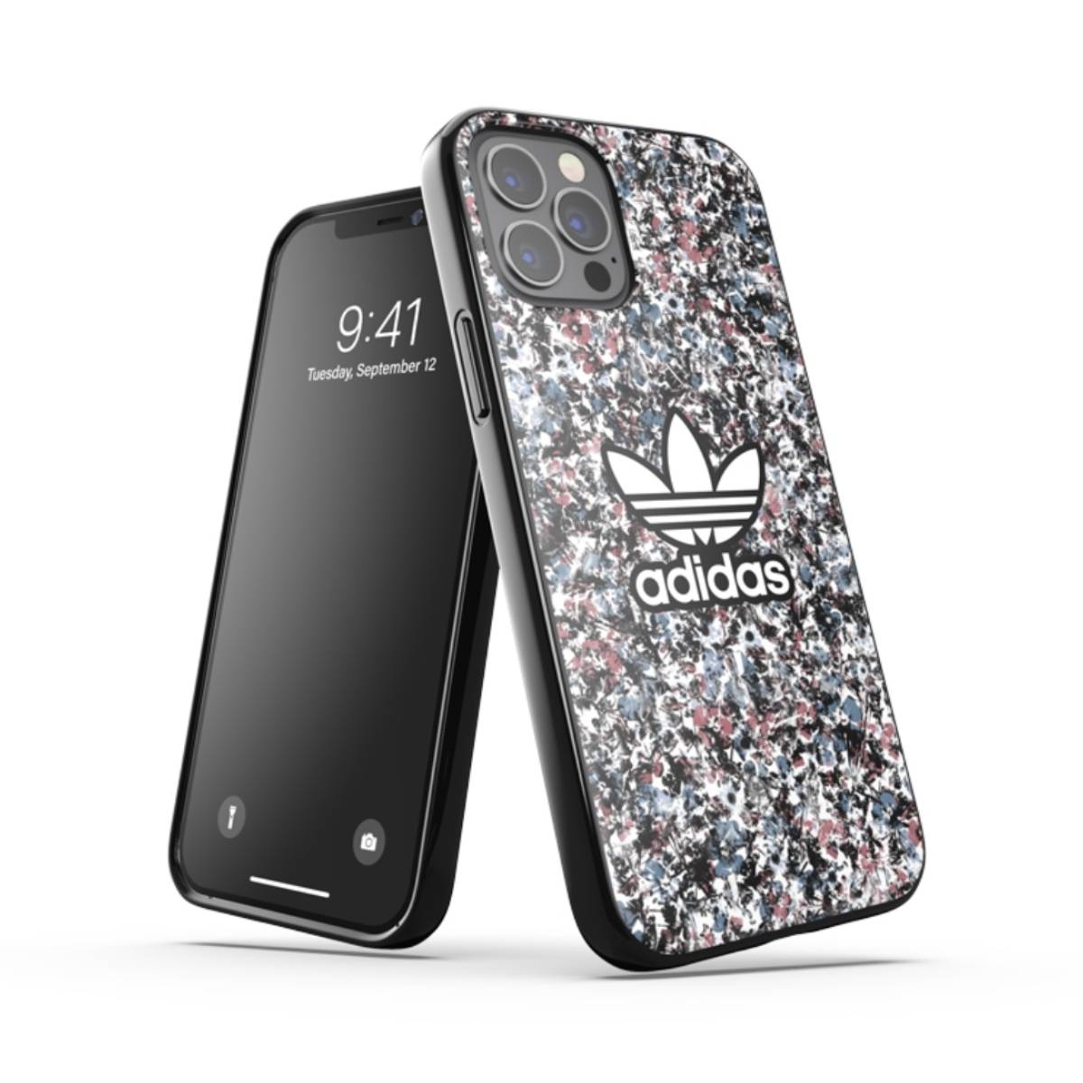Telefono nero con custodia Adidas con motivo floreale e logo Adidas.