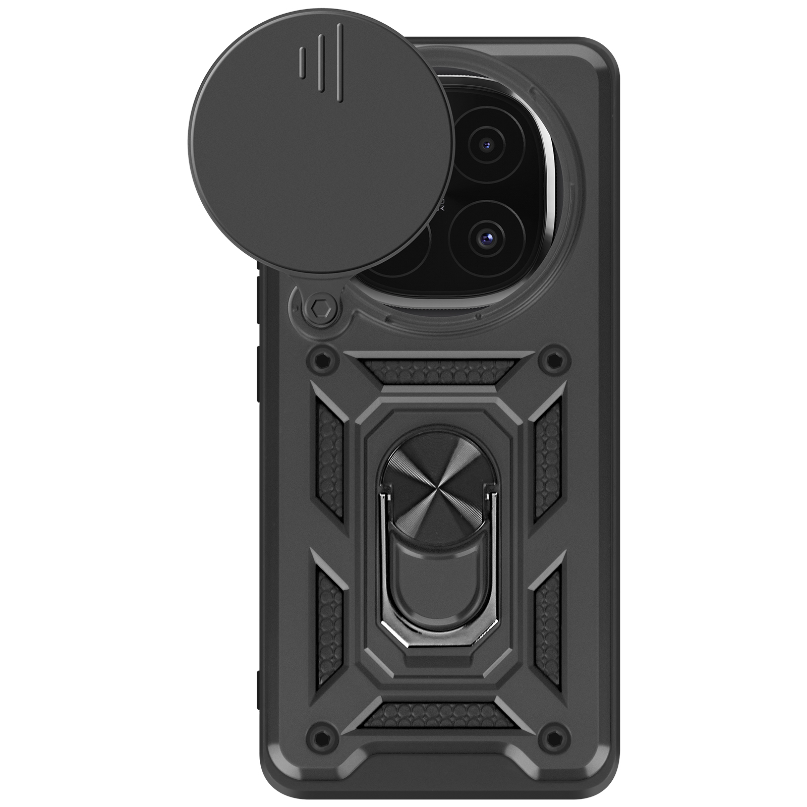 Custodia nera per telefono con copertura fotocamera rotante, supporto ad anello e design strutturato.