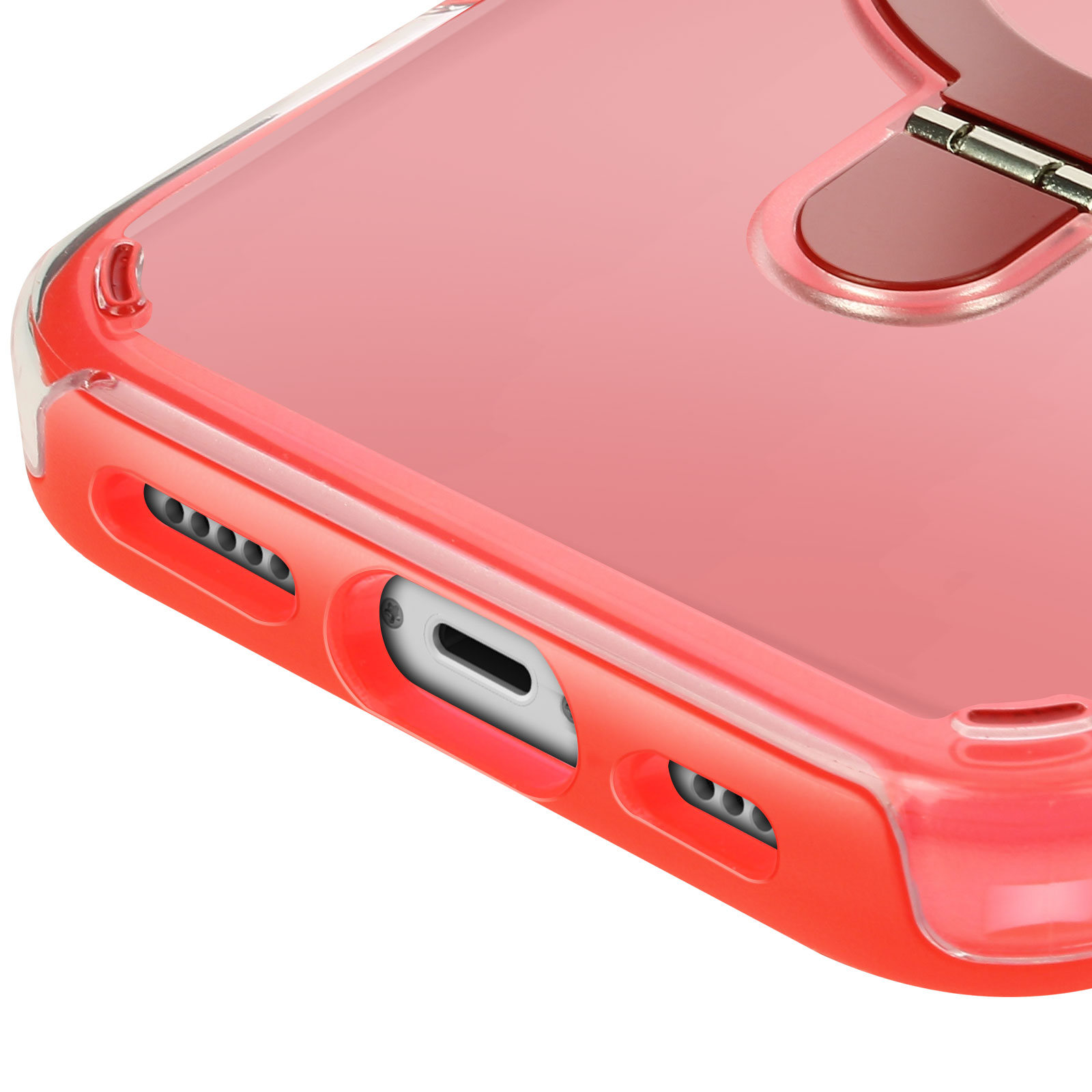 Primo piano di una custodia rossa per telefono con fori per altoparlanti e porta di ricarica.