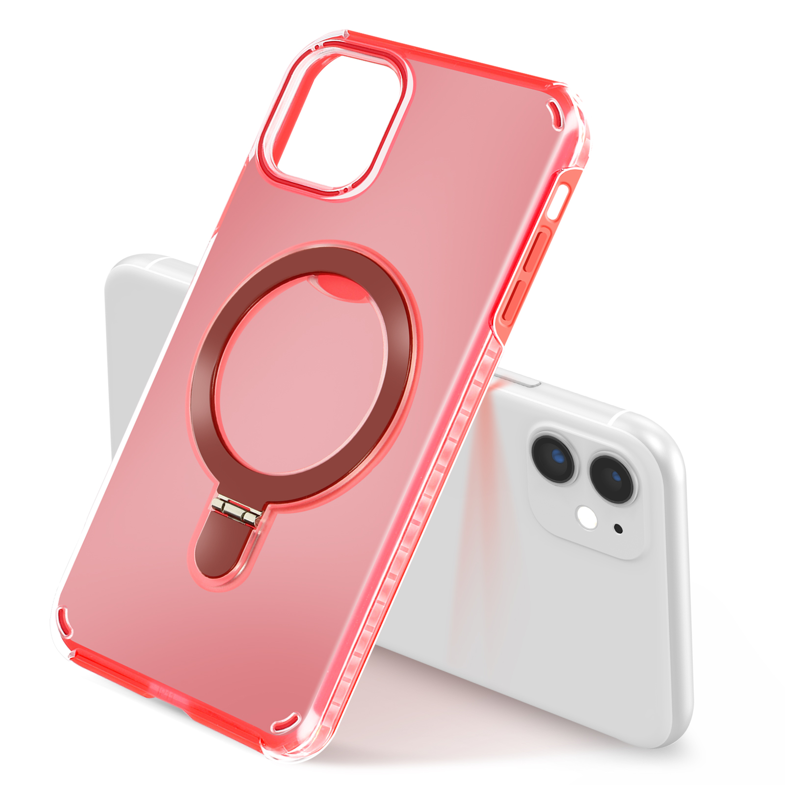 Custodia rossa e trasparente con anello. Un telefono bianco è dietro. L'anello è marrone.