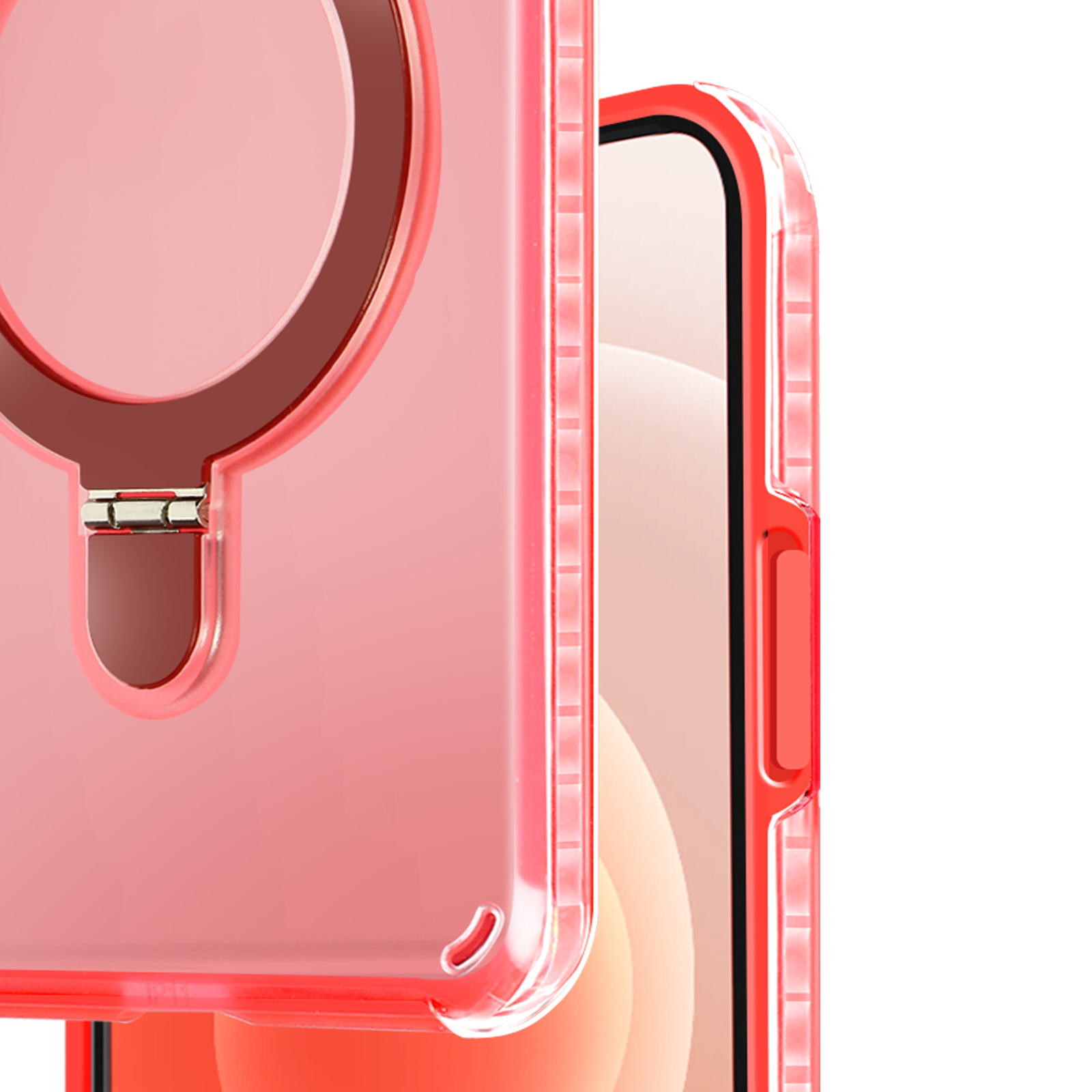 Custodia rosa con anello e telefono.