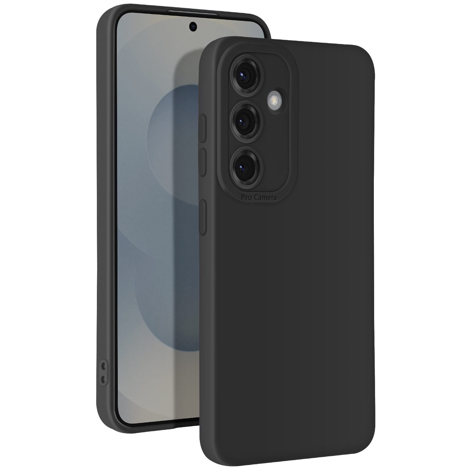 Custodia nera con telefono all'interno. La custodia ha un ritaglio per la fotocamera e l'etichetta Pro Camera.