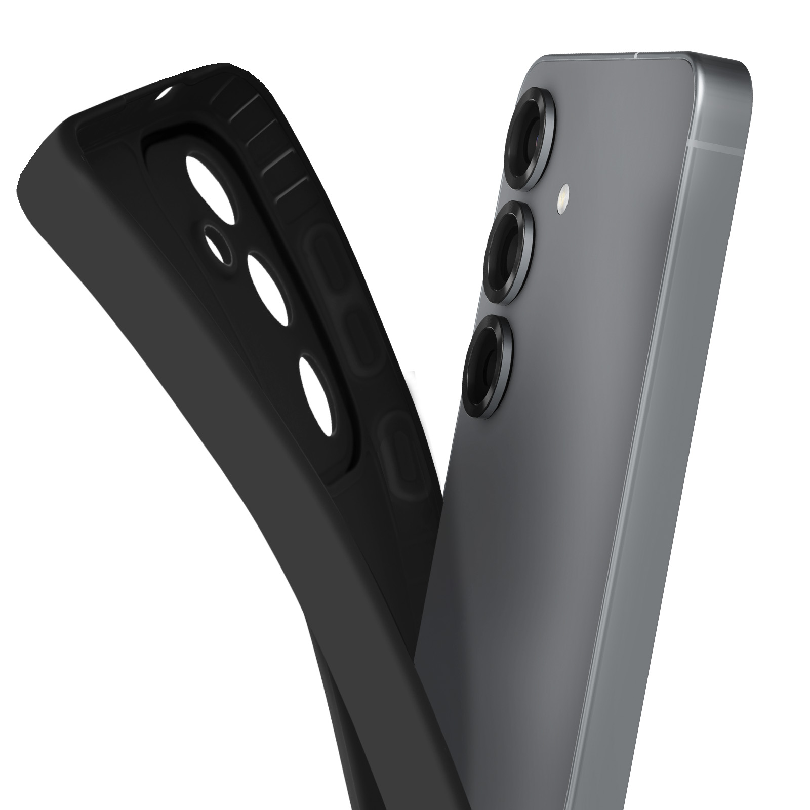 Custodia nera con ritagli. Un telefono grigio con fotocamere è dietro. La custodia viene rimossa.