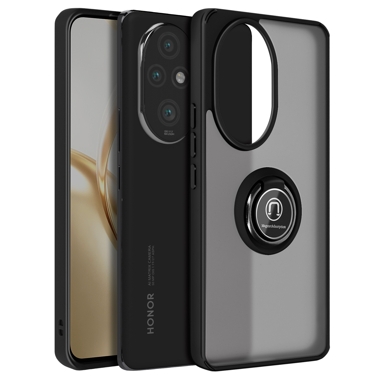 Telefono nero con custodia. La custodia ha un supporto ad anello e un ritaglio per la fotocamera. Il telefono è su bianco.