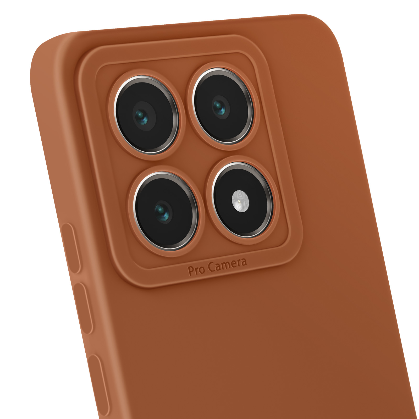 Custodia marrone con quattro fotocamere e testo.