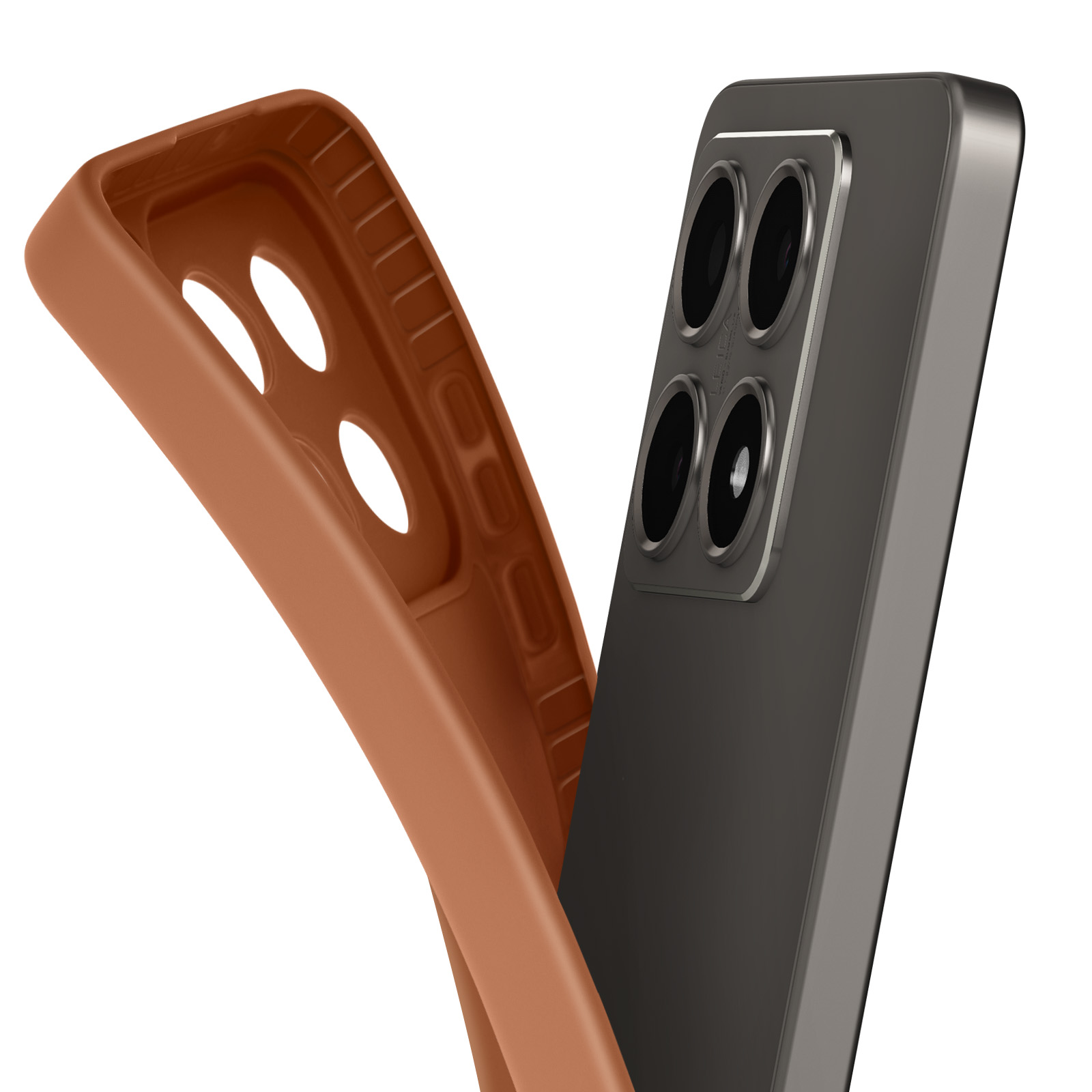 Telefono con custodia marrone. La custodia viene rimossa. Il telefono ha fotocamere sul retro.