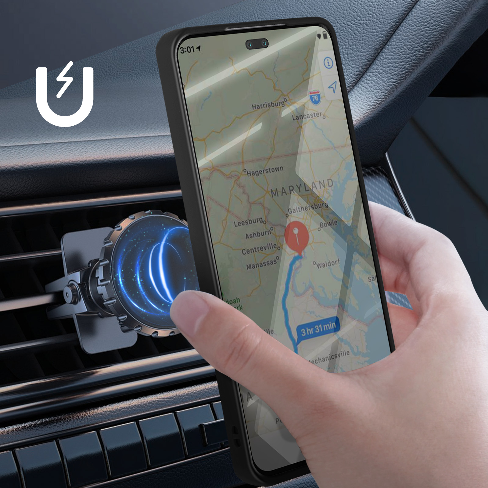 Mano usa telefono con mappa in auto.