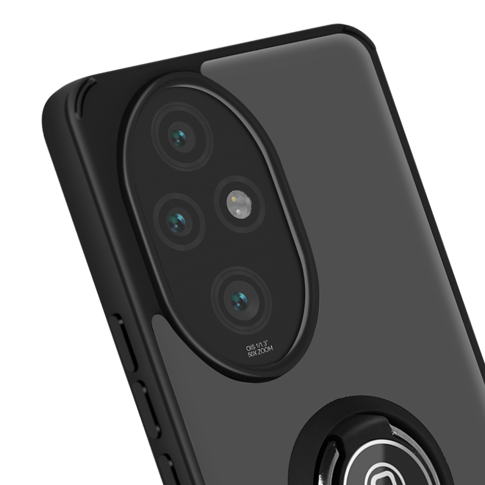 Custodia nera con fotocamere e anello.