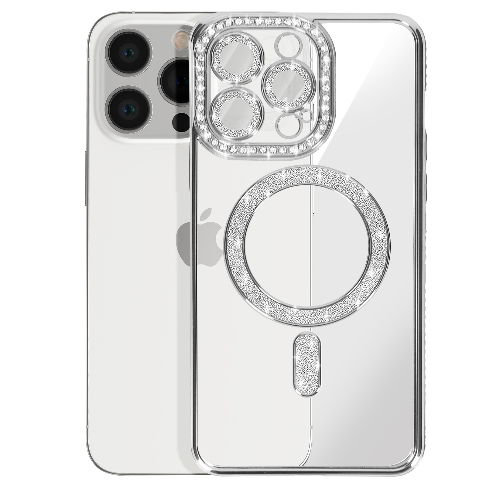 Custodia trasparente con diamanti e telefono.