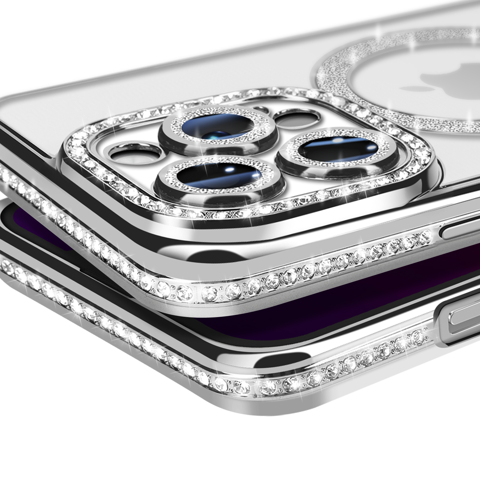 Primo piano di un telefono con custodia di cristallo. La custodia è intorno alla fotocamera con diamanti sui lati.
