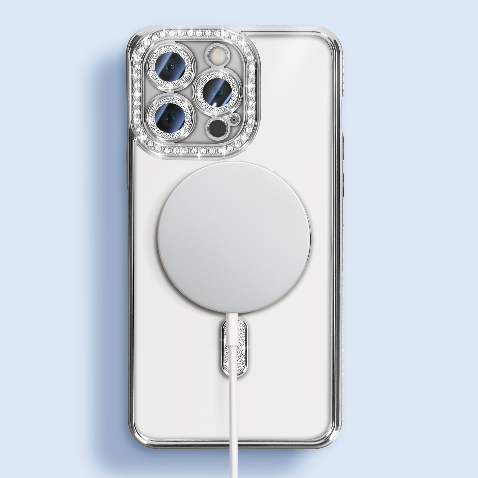 Telefono con custodia di cristallo. La custodia ha diamanti e un attacco di ricarica magnetica.