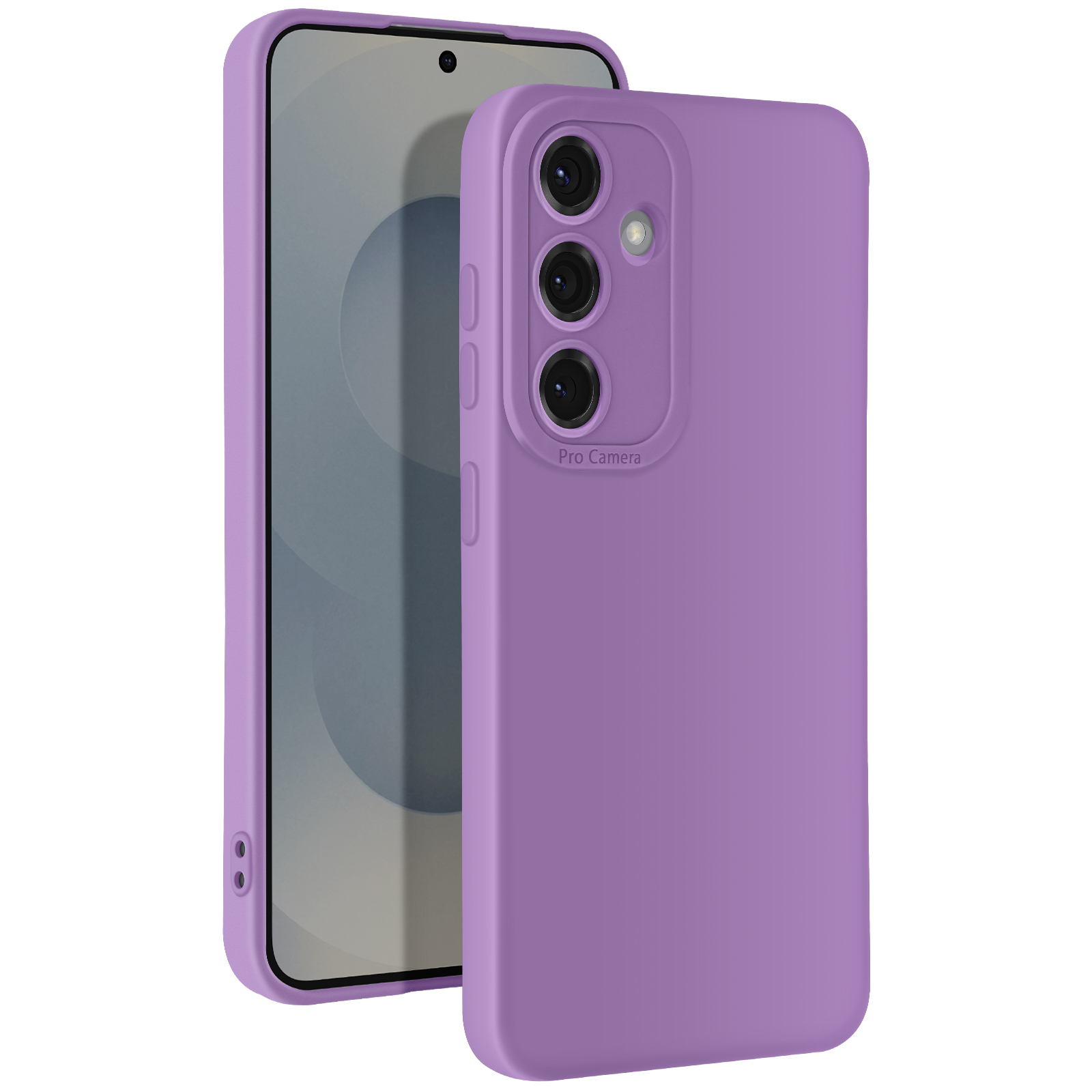 Una custodia viola per telefono con un telefono all'interno, che mostra uno schermo e un modulo fotocamera.