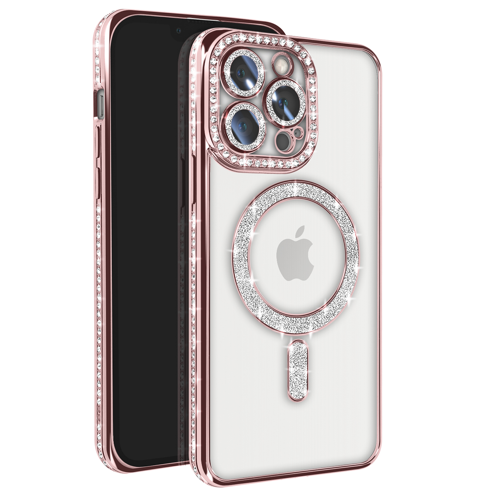 Custodia rosa per telefono con telefono all'interno. Ha diamanti e un anello magnetico.