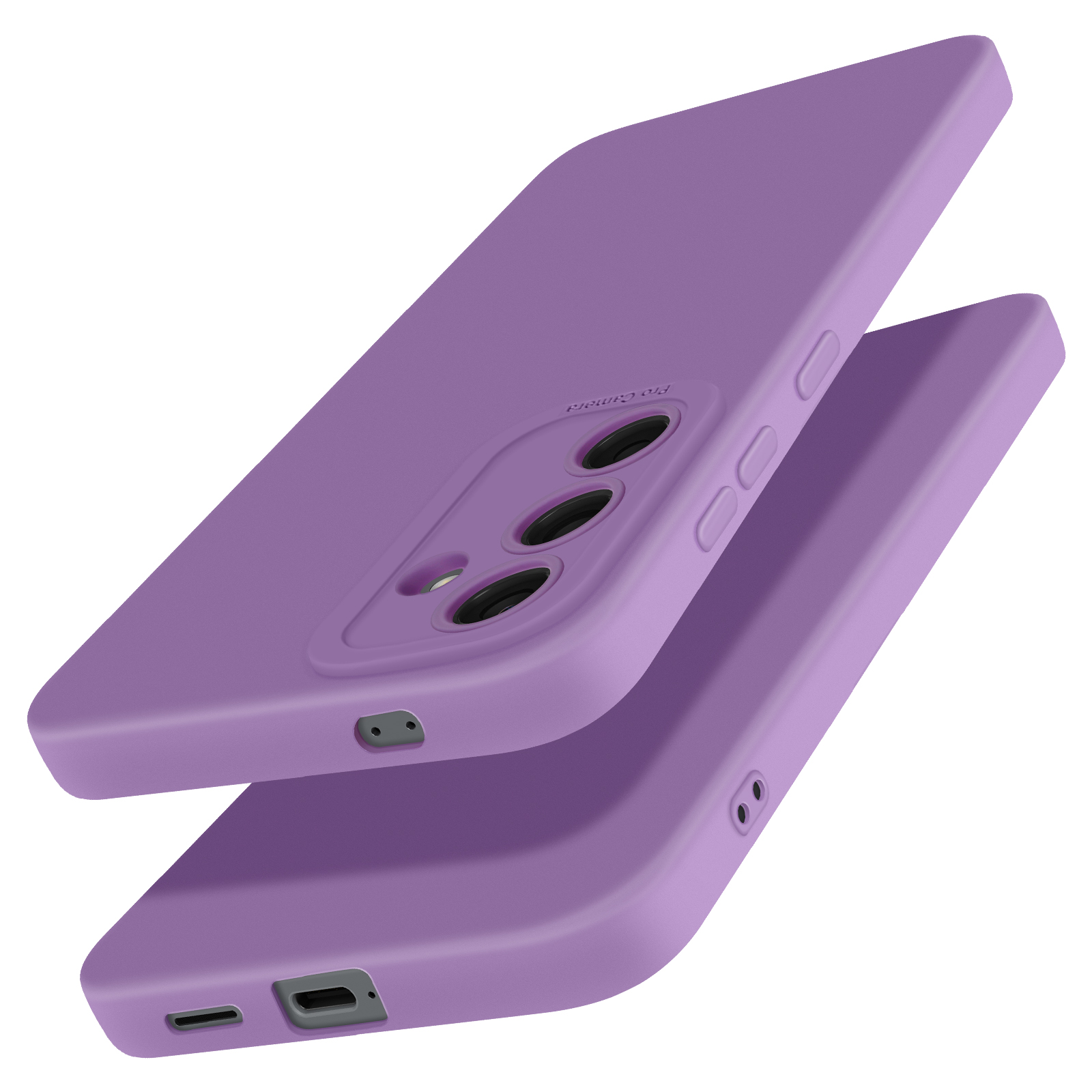 Due custodie viola per telefono, una sopra l'altra, con ritagli per la fotocamera e pulsanti visibili.