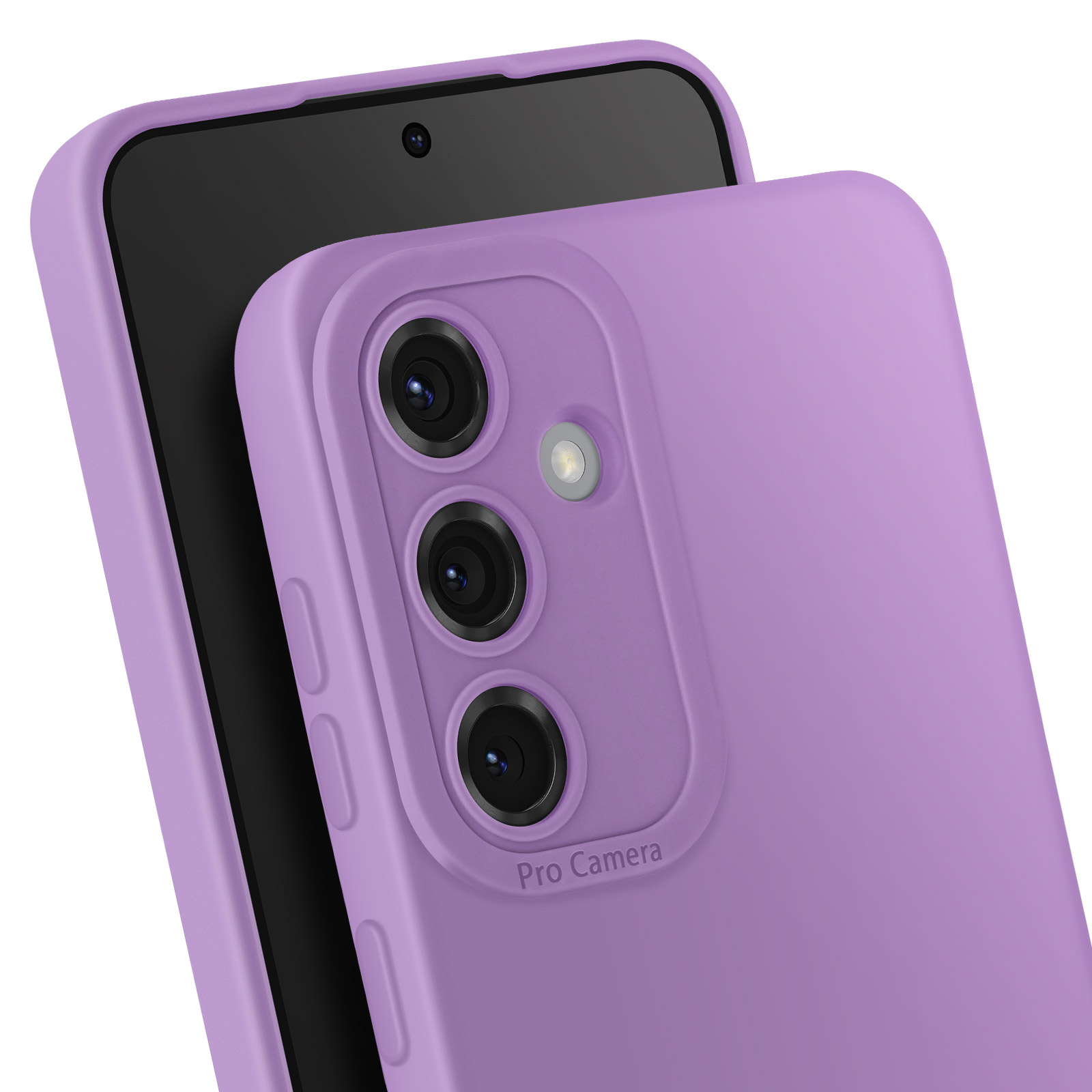 Custodia viola con telefono all'interno. La custodia ha un ritaglio per la fotocamera e l'etichetta Pro Camera.