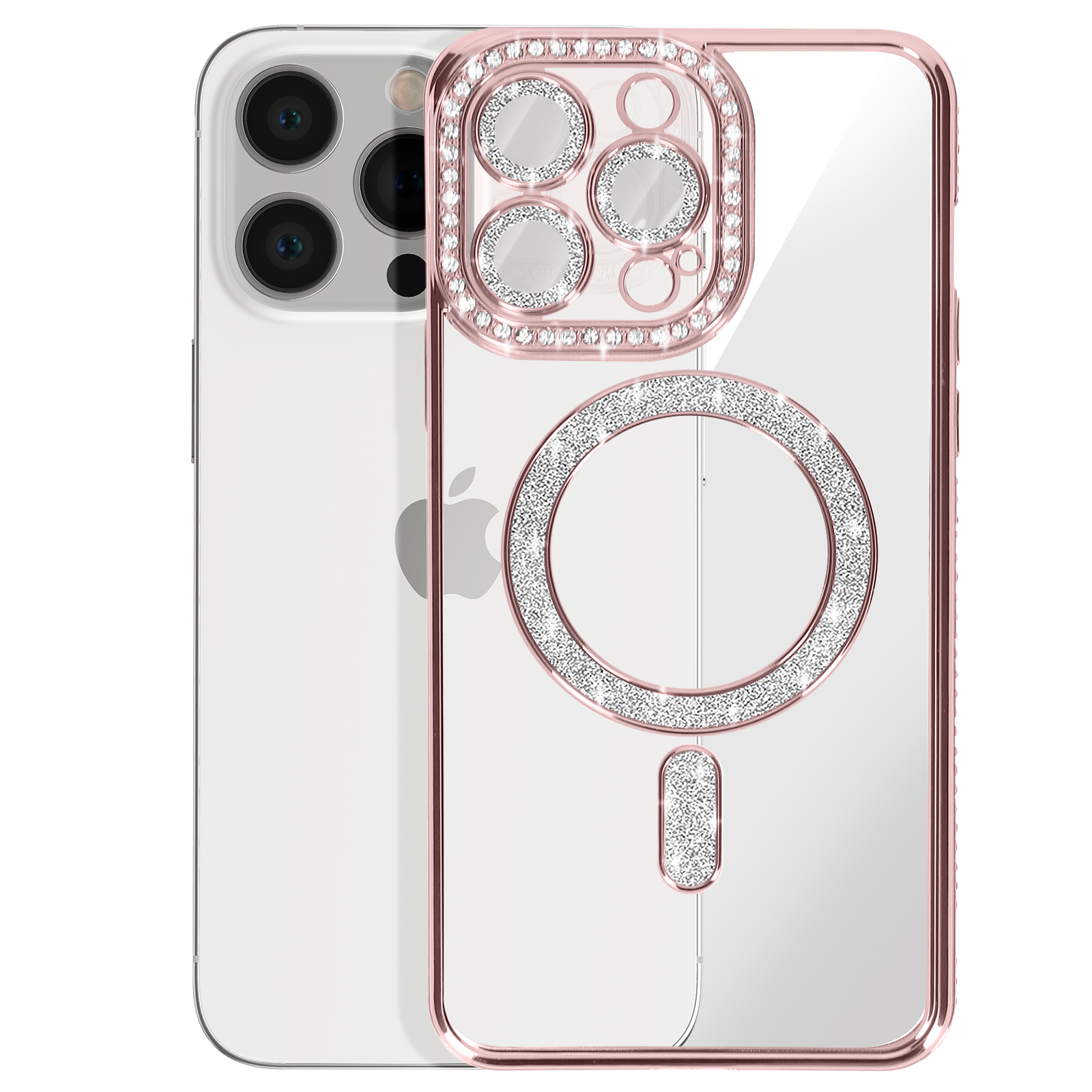 Un telefono con custodia oro rosa tempestata di cristalli. Il telefono è accanto a un iPhone.