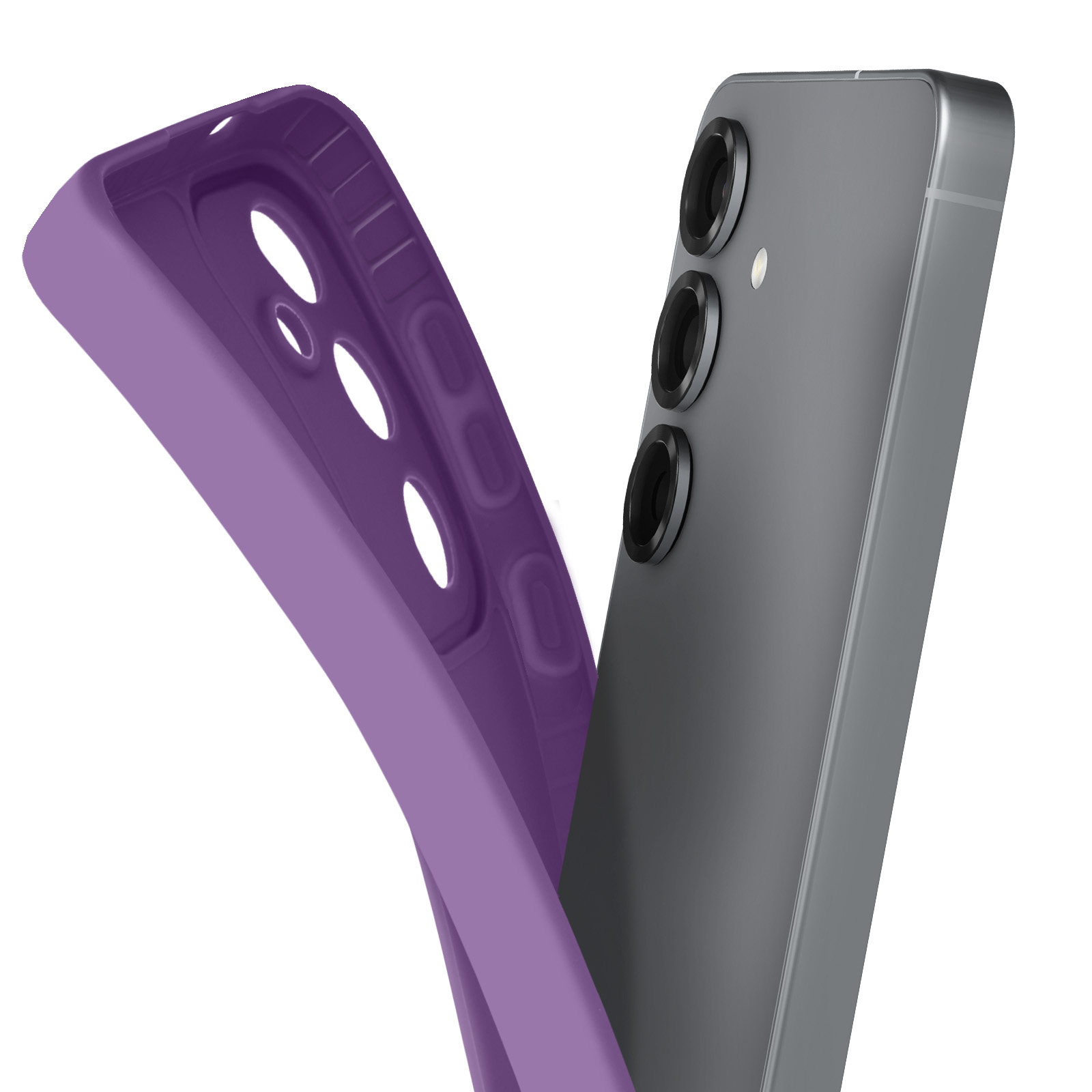 Custodia viola rimossa da un telefono argento con tre fotocamere sul retro.