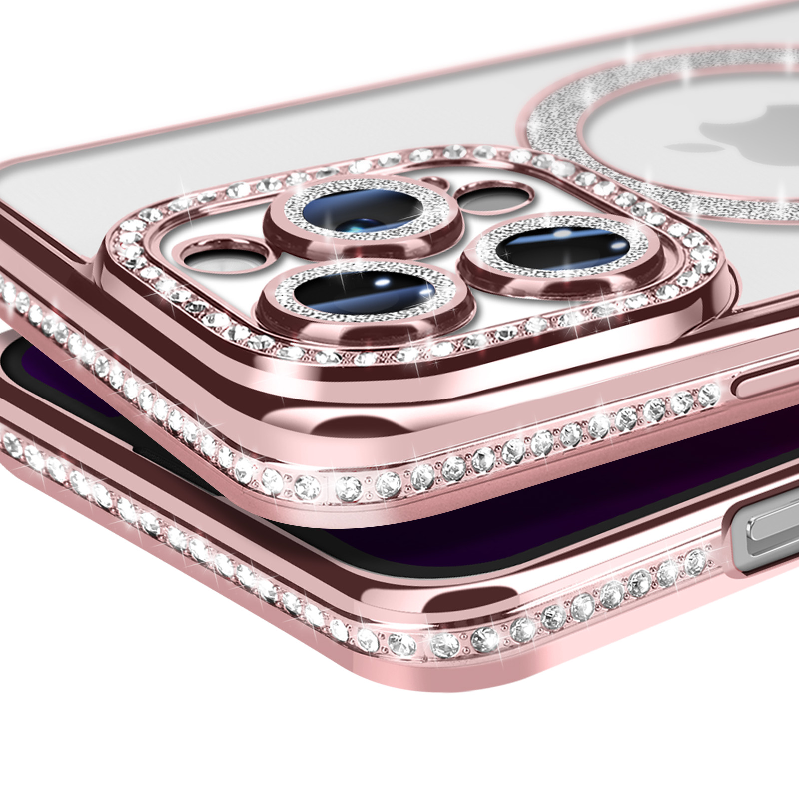 Custodia oro rosa con strass intorno alla fotocamera e retro trasparente.