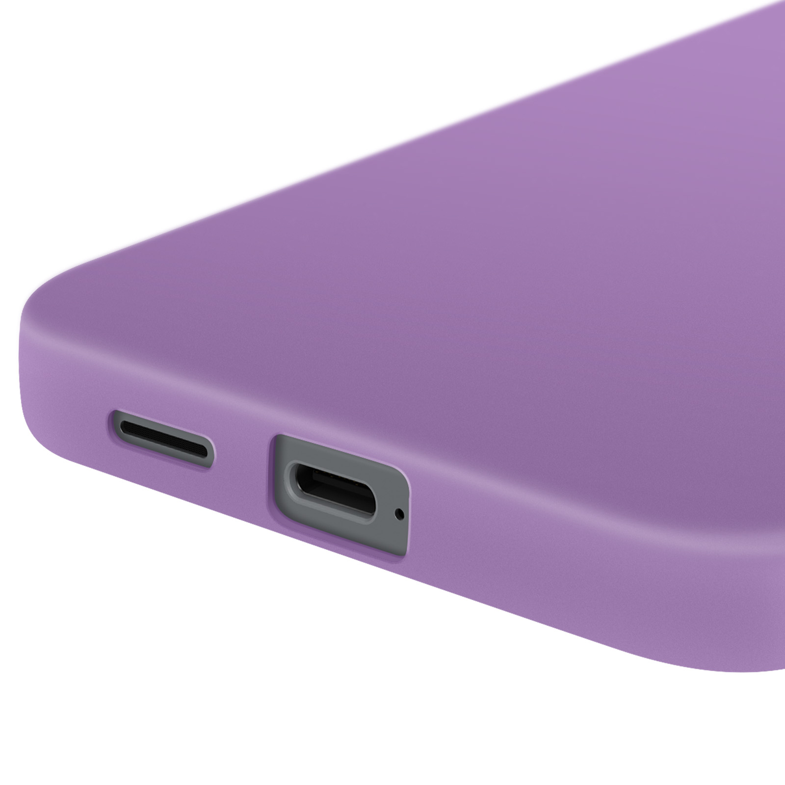 Primo piano di una custodia viola per telefono che mostra il bordo inferiore con una porta di ricarica.