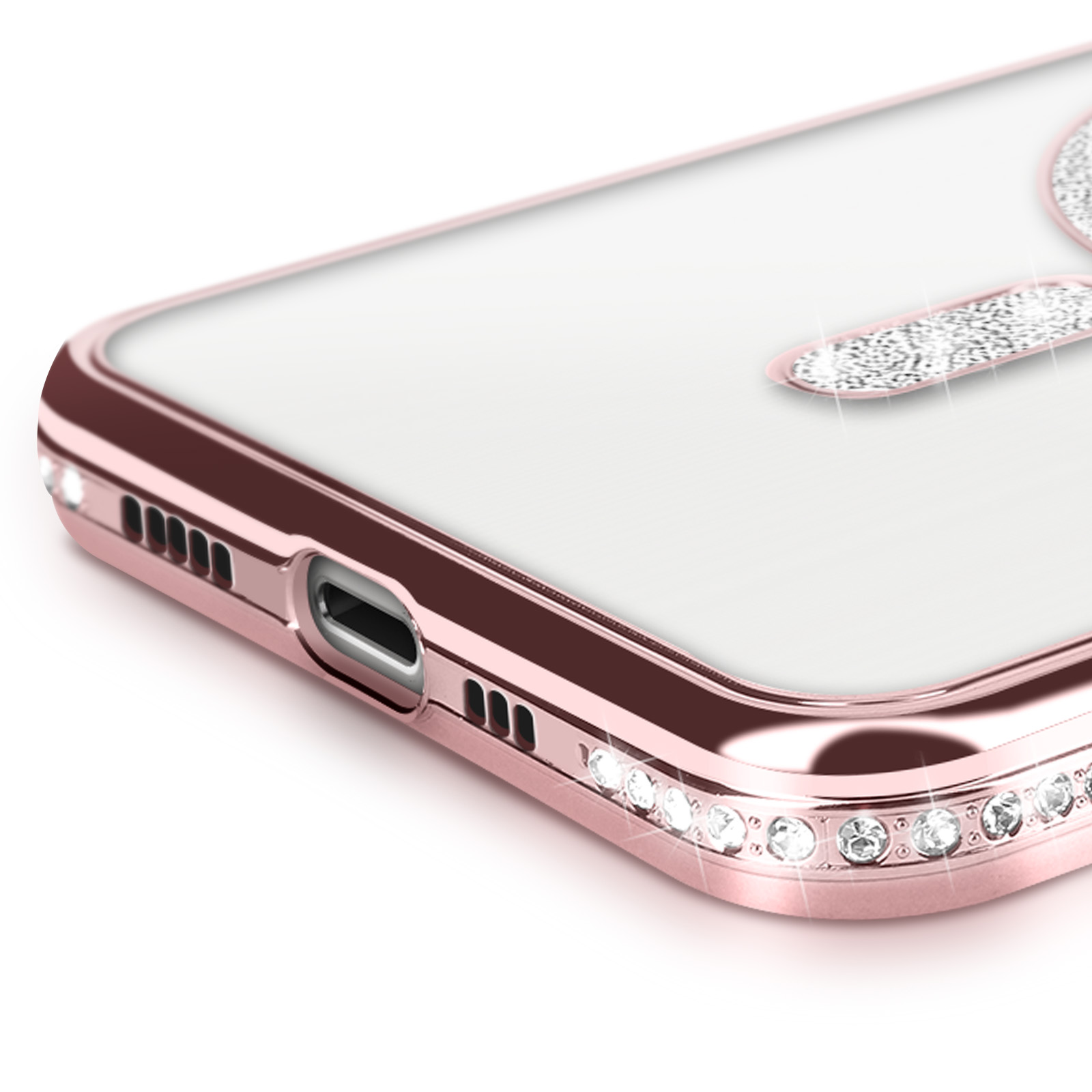Primo piano di una custodia per telefono oro rosa con dettagli in cristallo, che mostra il lato e la parte anteriore.