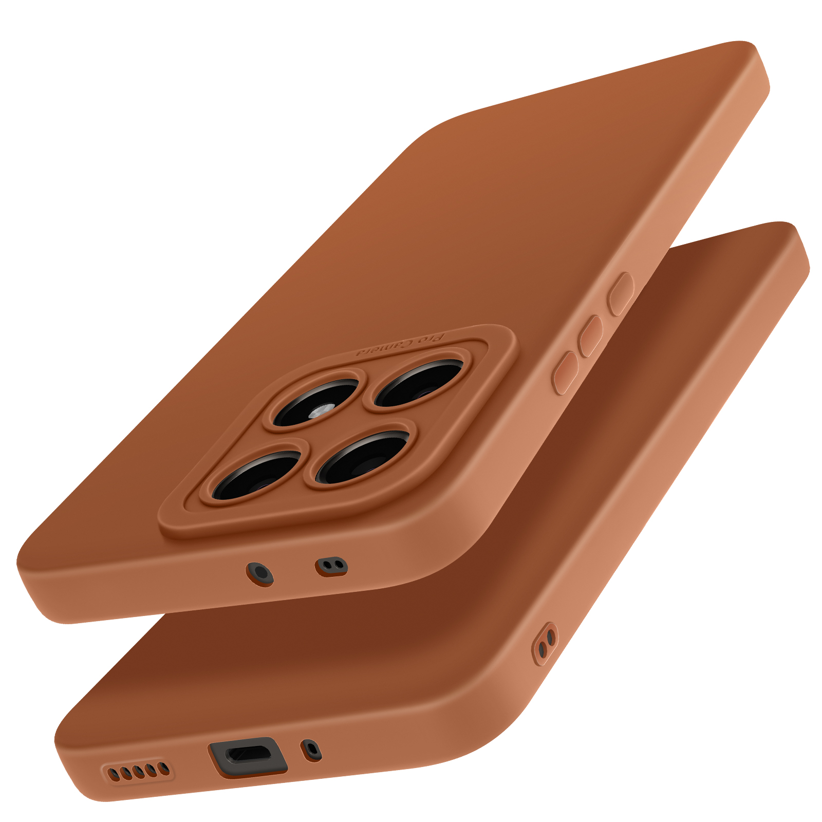 Custodia marrone per telefono con ritagli per la fotocamera e pulsanti visibili, una custodia sopra l'altra.