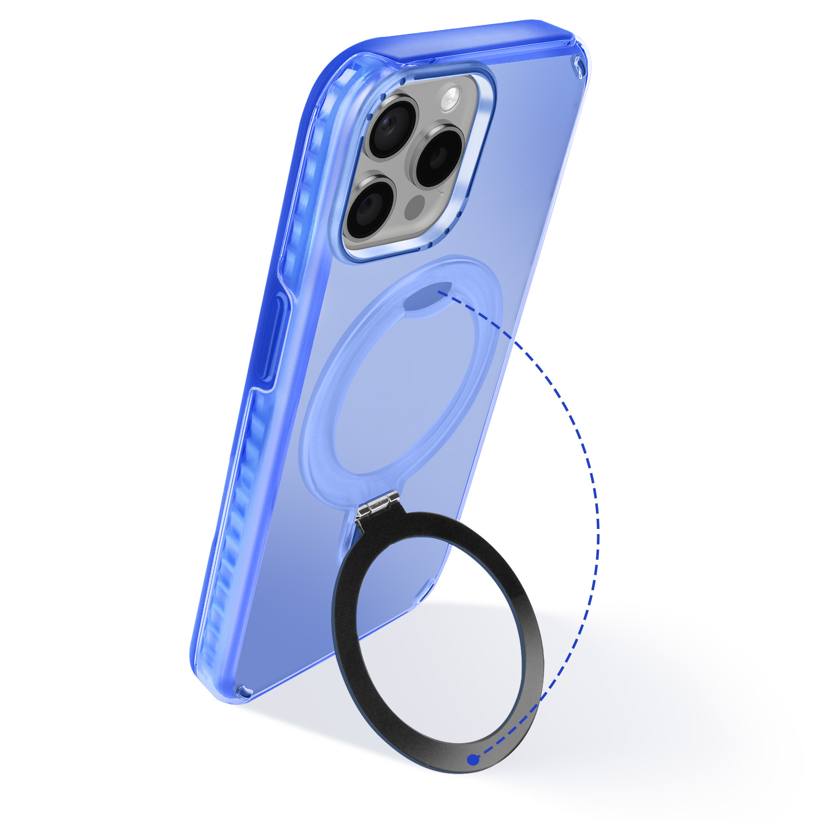 Una custodia blu per telefono con anello di supporto, staccata e posizionata, che mostra lo schermo del telefono.