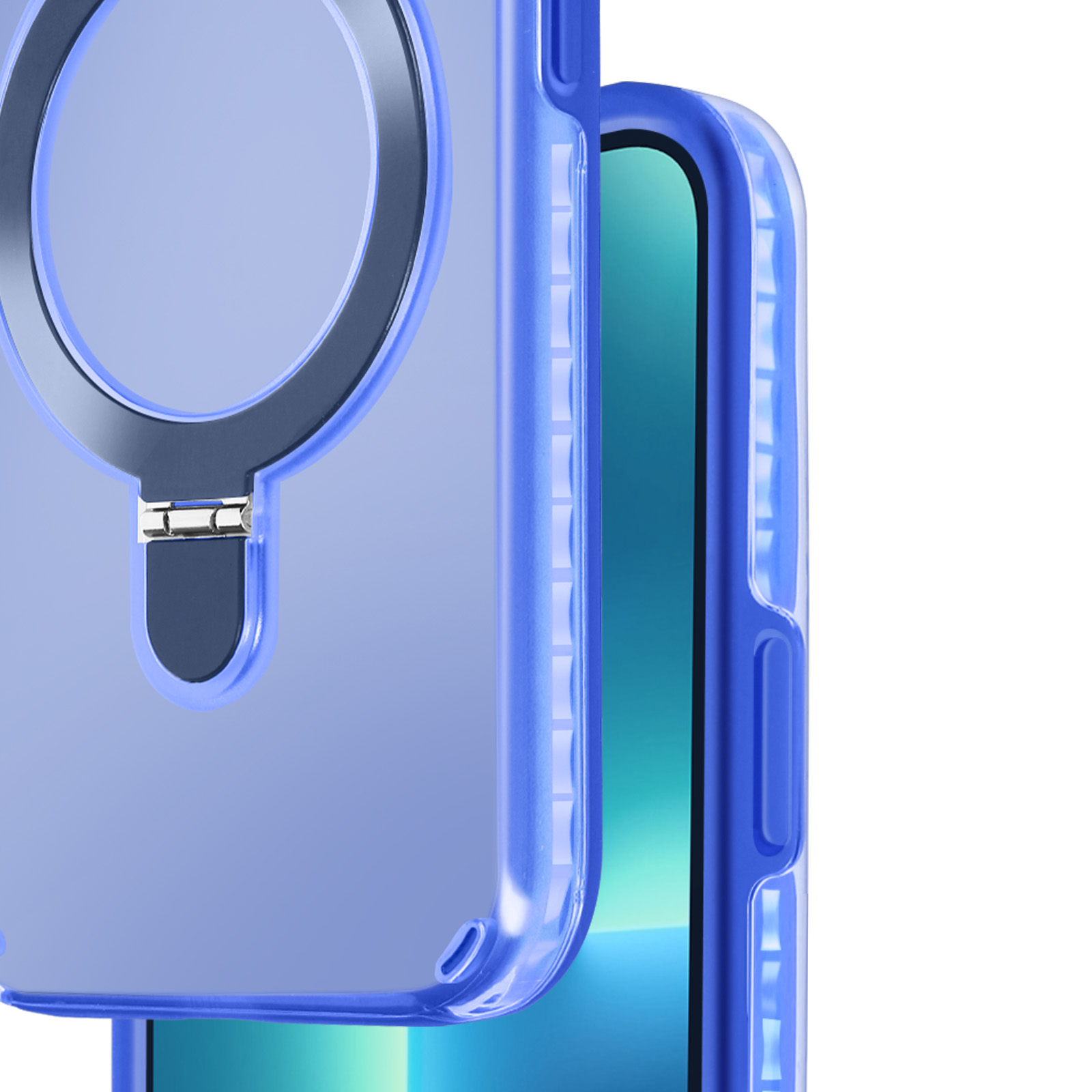 Custodia trasparente con dettagli blu. Anello e chiusura argentati. Sfondo bianco.