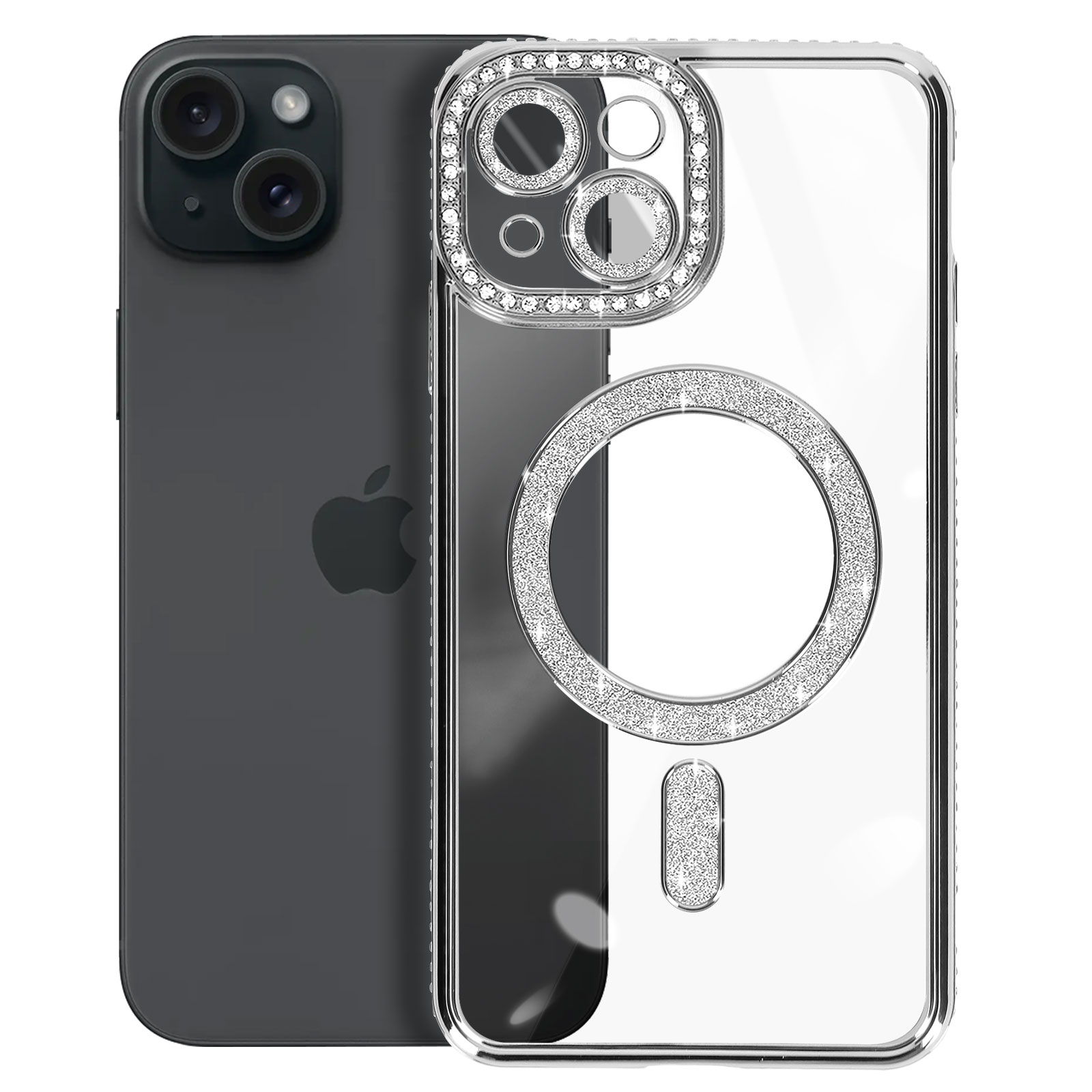iPhone e custodia. Anello fotocamera con diamanti argentati. Telefono nero. Sfondo bianco.