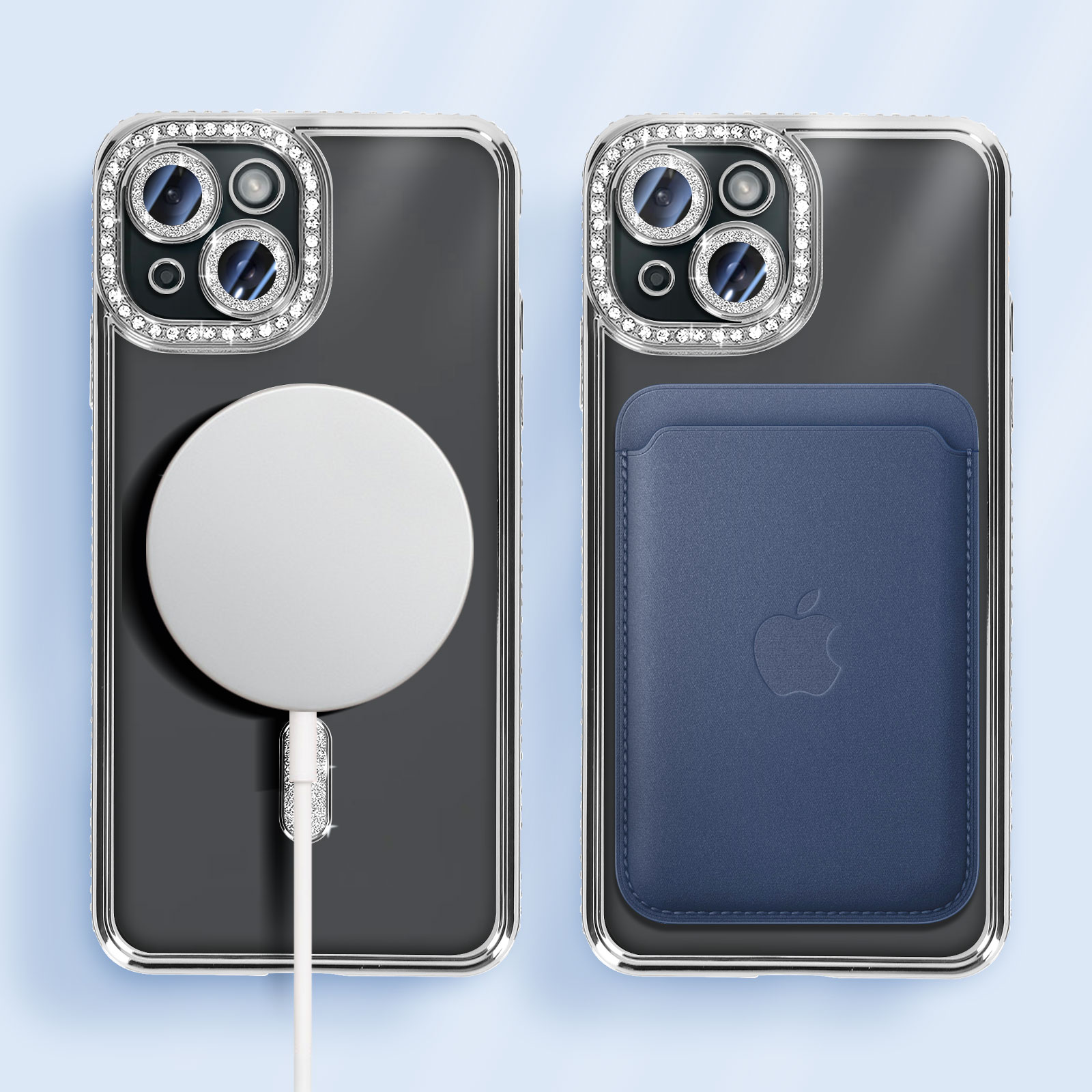 Due telefoni e accessori. Uno con custodia e logo Apple. Sfondo bianco.