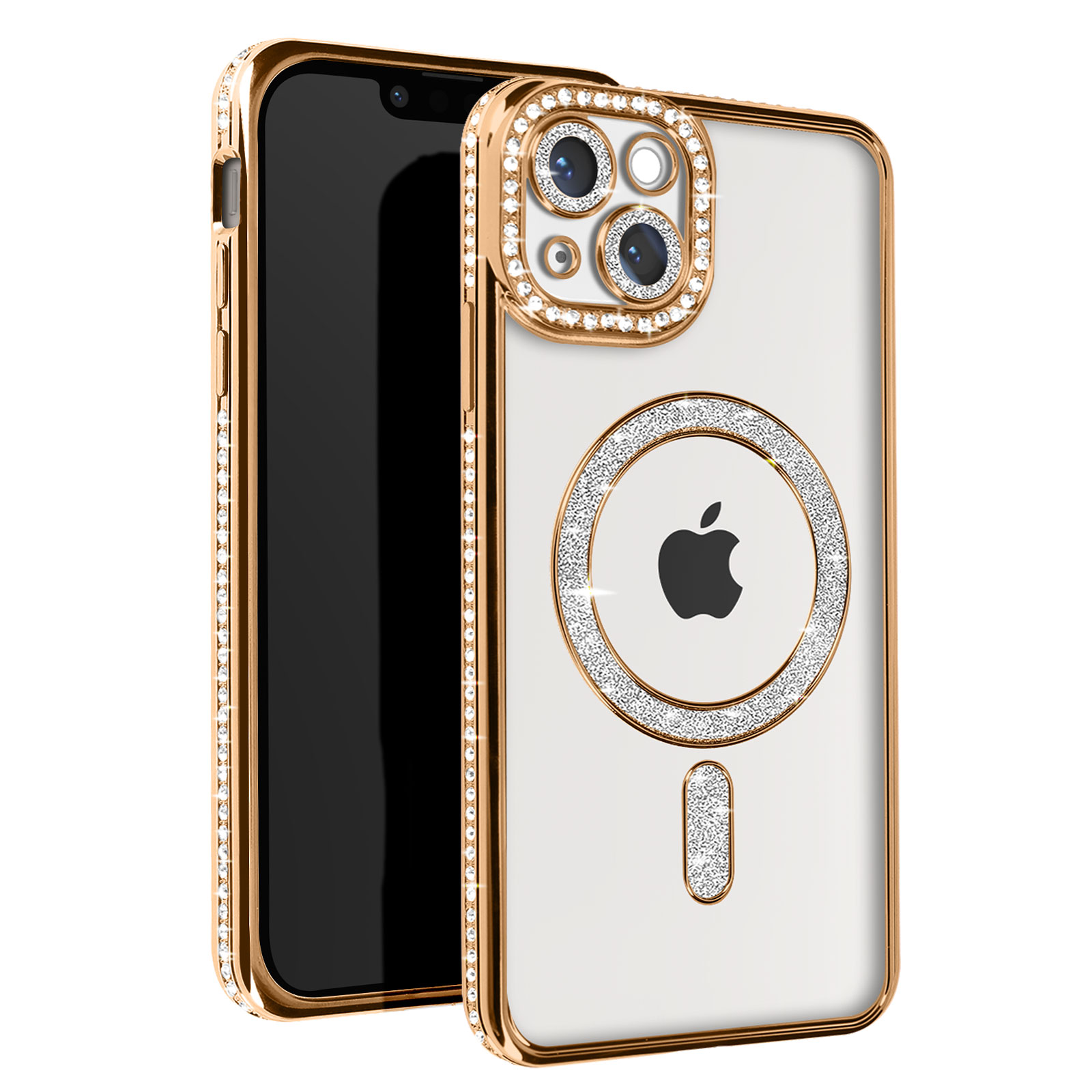 Telefono con custodia dorata di diamanti. Schermo nero. Anello di diamanti attorno alla fotocamera. Sfondo bianco.