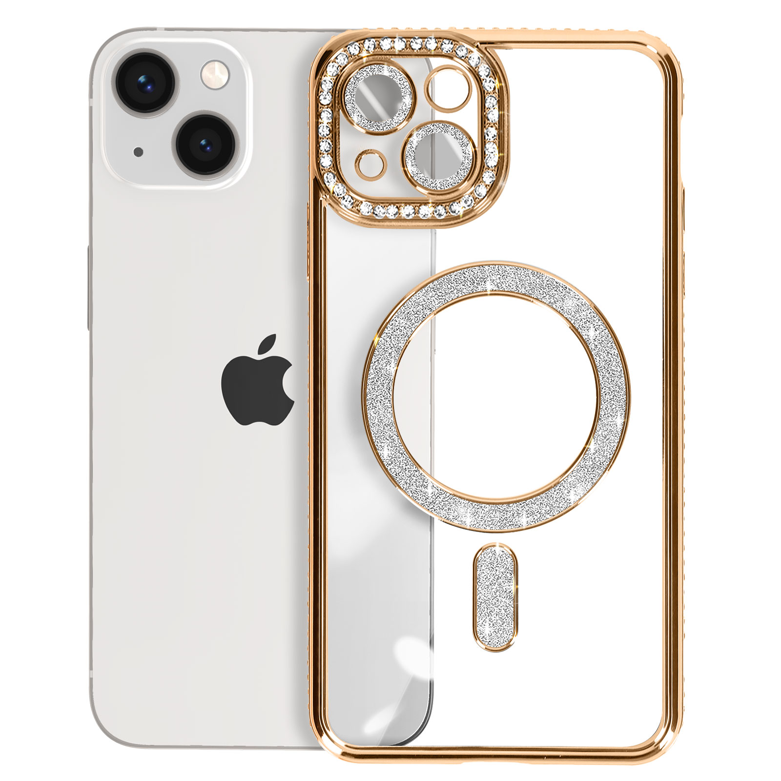 iPhone con custodia dorata. La custodia ha un ritaglio per la fotocamera con diamanti e un anello MagSafe.