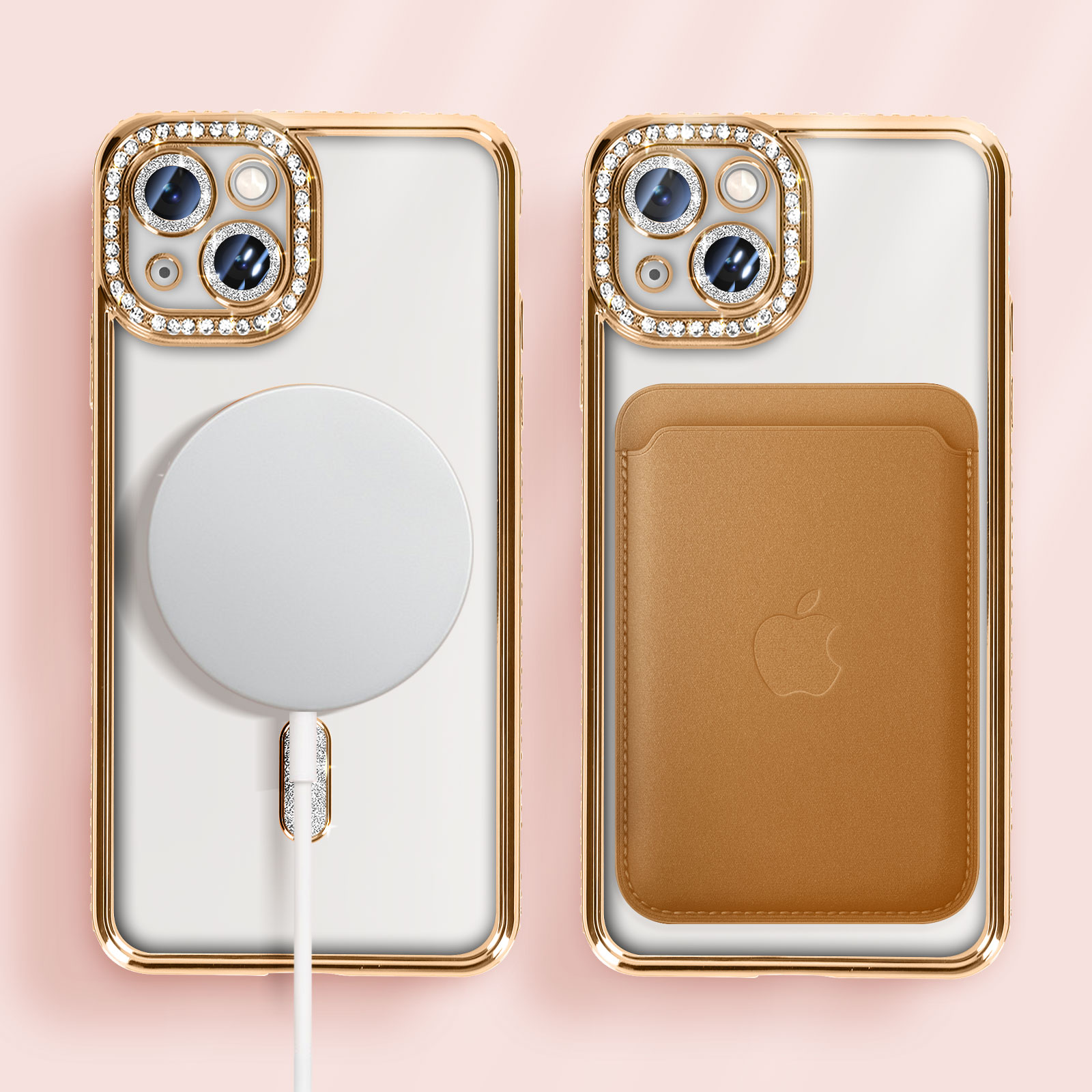 Due iPhone con custodie dorate. Uno ha un caricatore MagSafe, l'altro un porta carte.